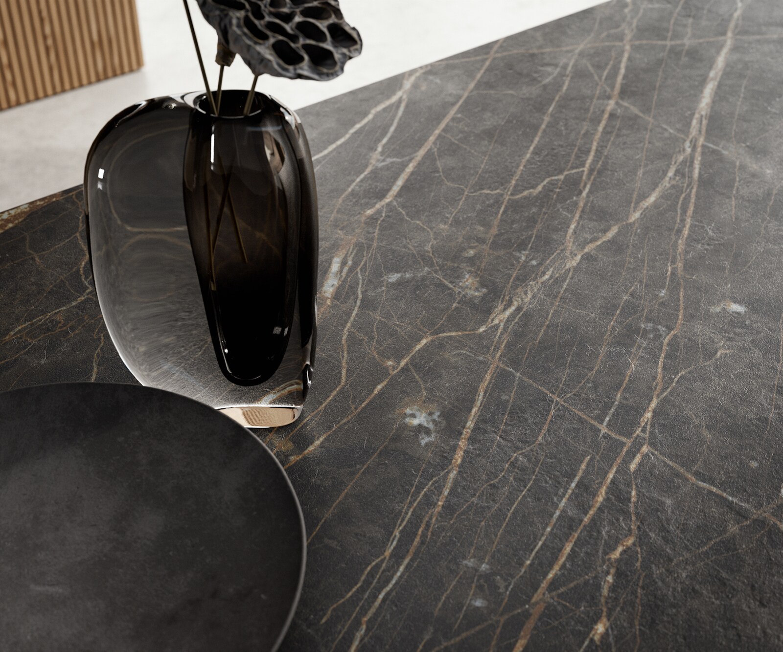 Esstisch Edge 200-300x100 Keramik Laminam®Noir Desir Braun W-Gestell Effektfinish Titan Ausziehbar 7