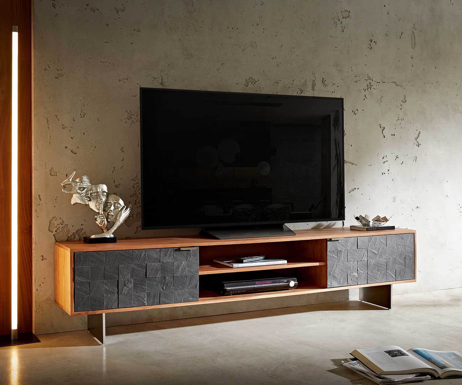 Lowboard Teele 200 cm Akazie Natur Schiefer 2 Türen Fuß schwebend Edelstahl Lowboard Teele 200 cm Akazie Natur Schiefer 2 Türen Fuß schwebend Edelstahl