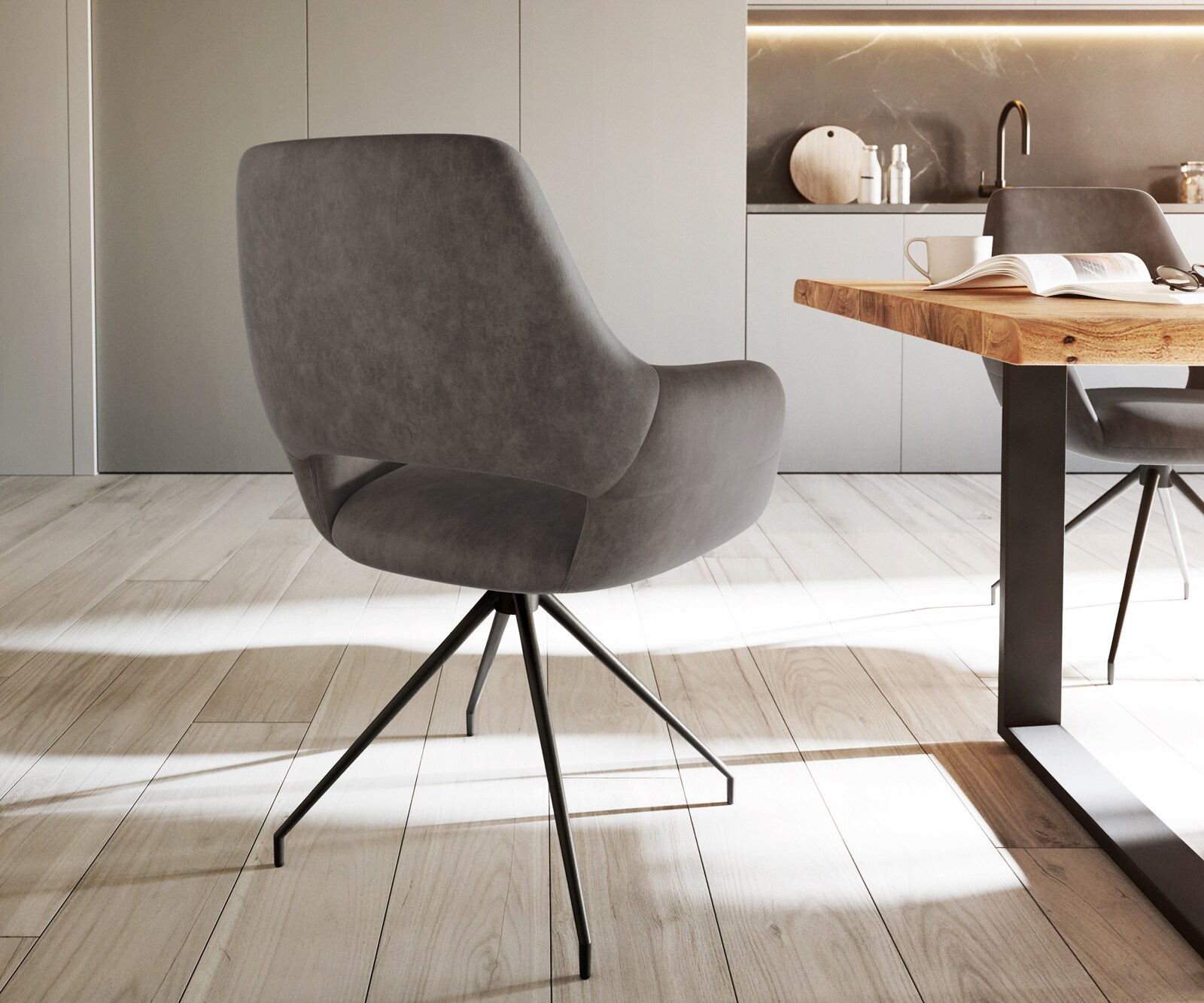 Chaise-de-salle-à-manger Yago-Flex avec accoudoirs microvelours anthracite vintage pied croisé conique noir ressorts ensachés 4