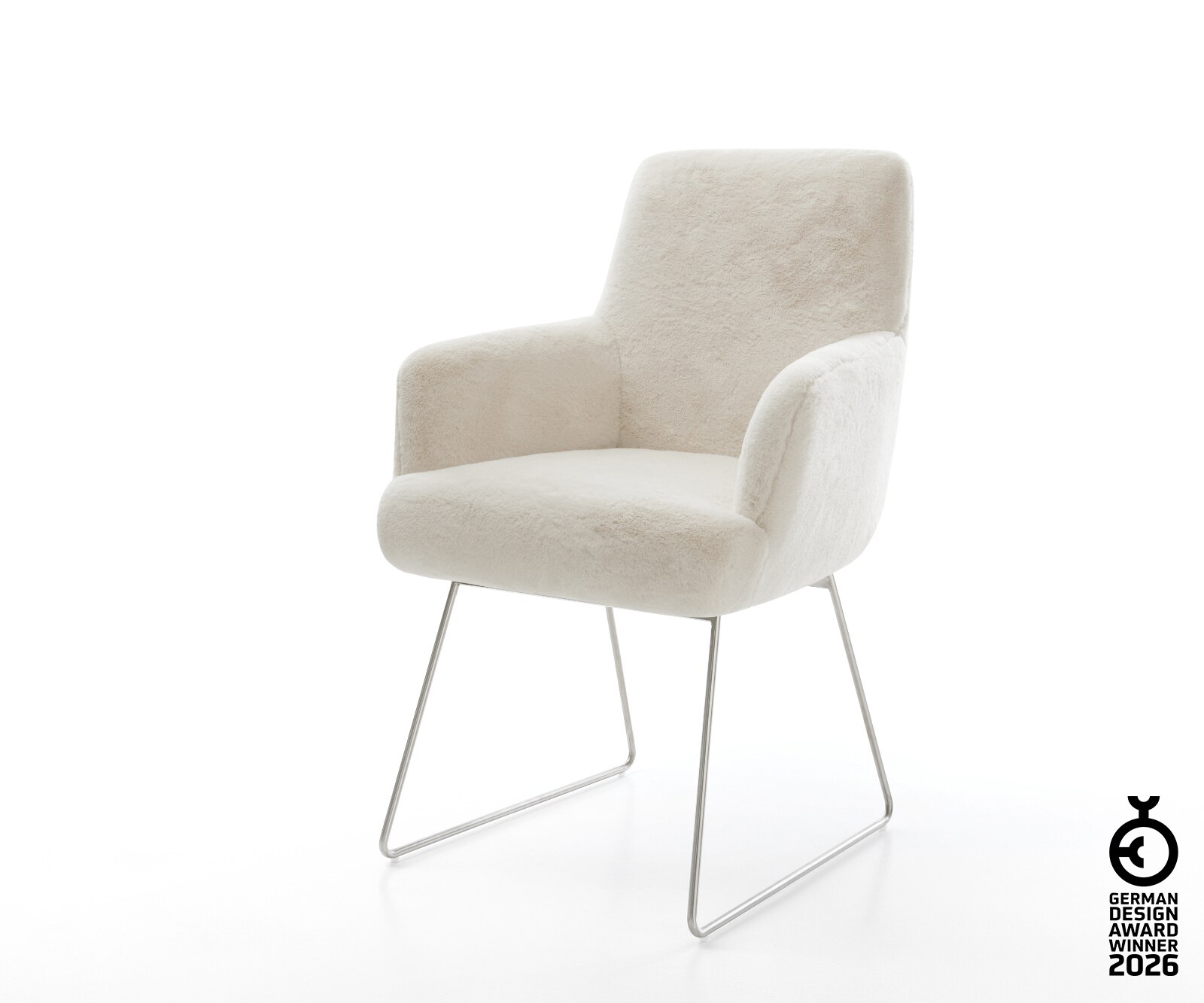 Chaise-de-salle-à-manger Heira-Flex avec accoudoirs peluche crème-blanc pied trapèze acier inoxydable resorts ensachés 1