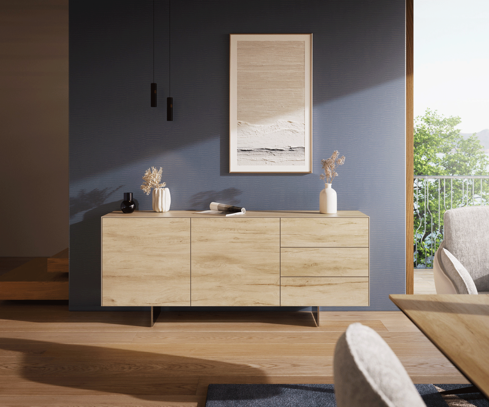 Sideboard Cuor 180 cm Keramik Laminam® Sabbia Eichefarbig 2 Türen 3 Schubfächer Fuß Schwebeoptik Edelstahl 2