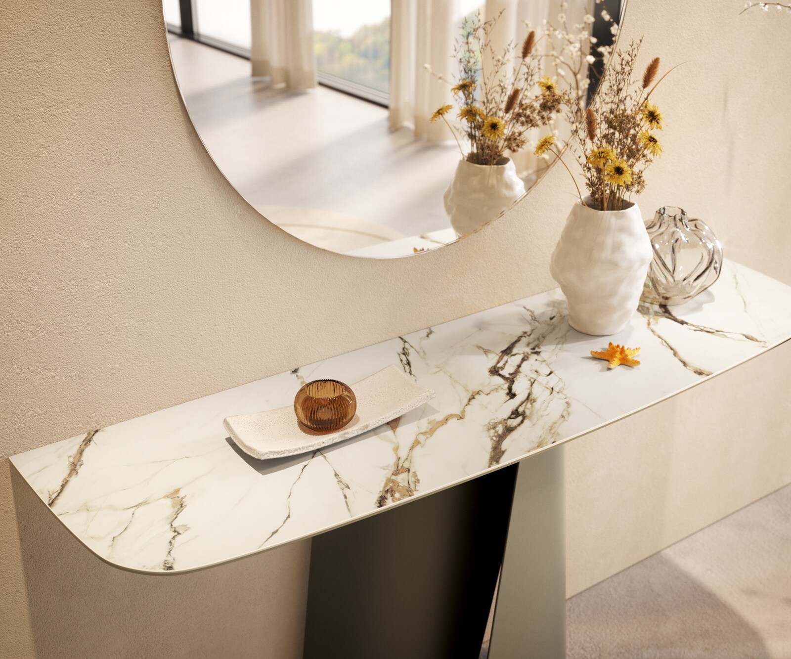 Konsolentisch Edge Boot 140x40 cm Keramik Calacatta Luxe Weiß-Gold-Grau Livos Metall Effektfinish Titan 6