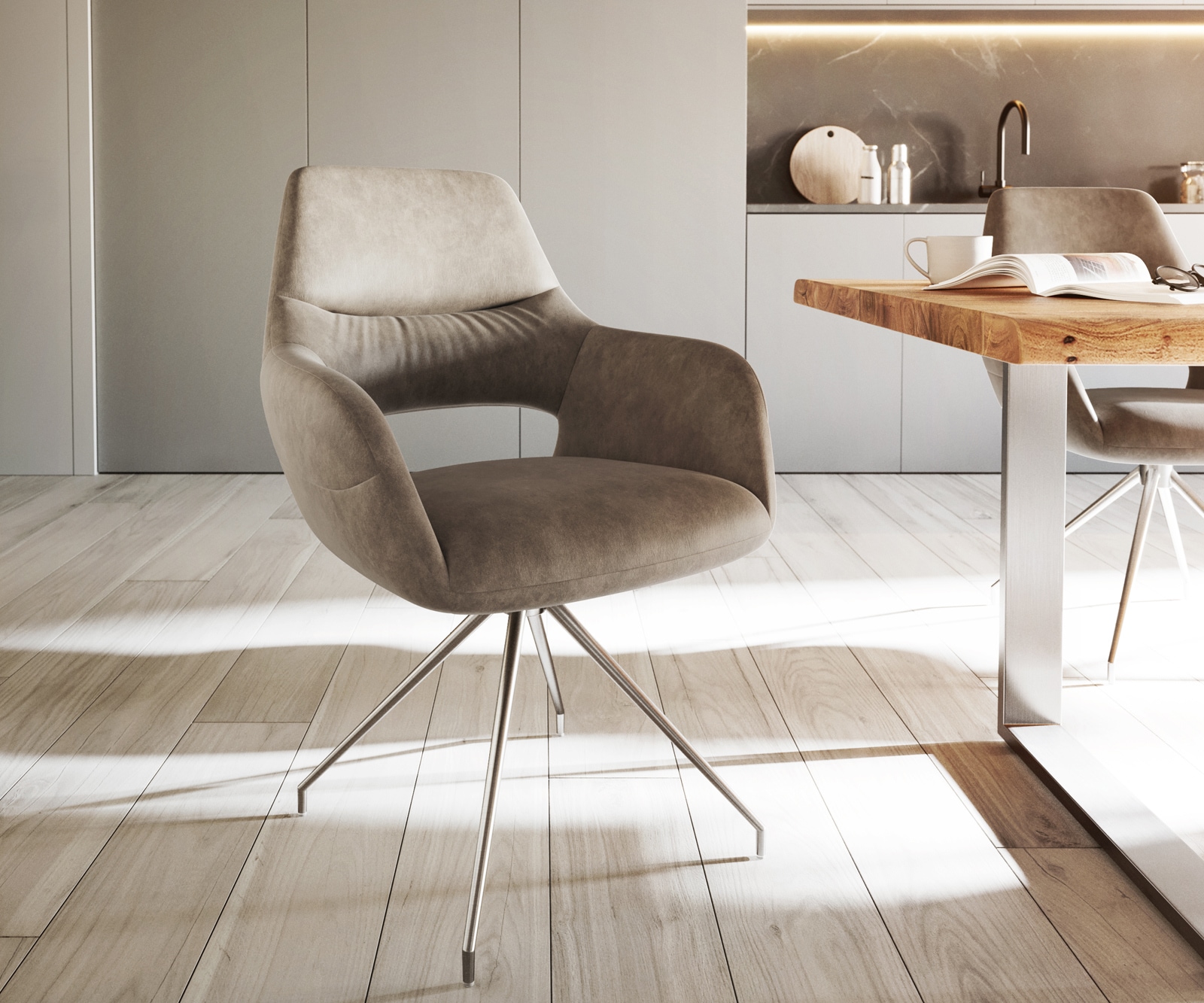 Esszimmerstuhl Yago-Flex mit Armlehnen Mikrofaser Taupe Vintage Kreuzgestell konisch Edelstahl Taschenfederkern Esszimmerstuhl Yago-Flex mit Armlehnen Mikrofaser Taupe Vintage Kreuzgestell konisch Edelstahl Taschenfederkern