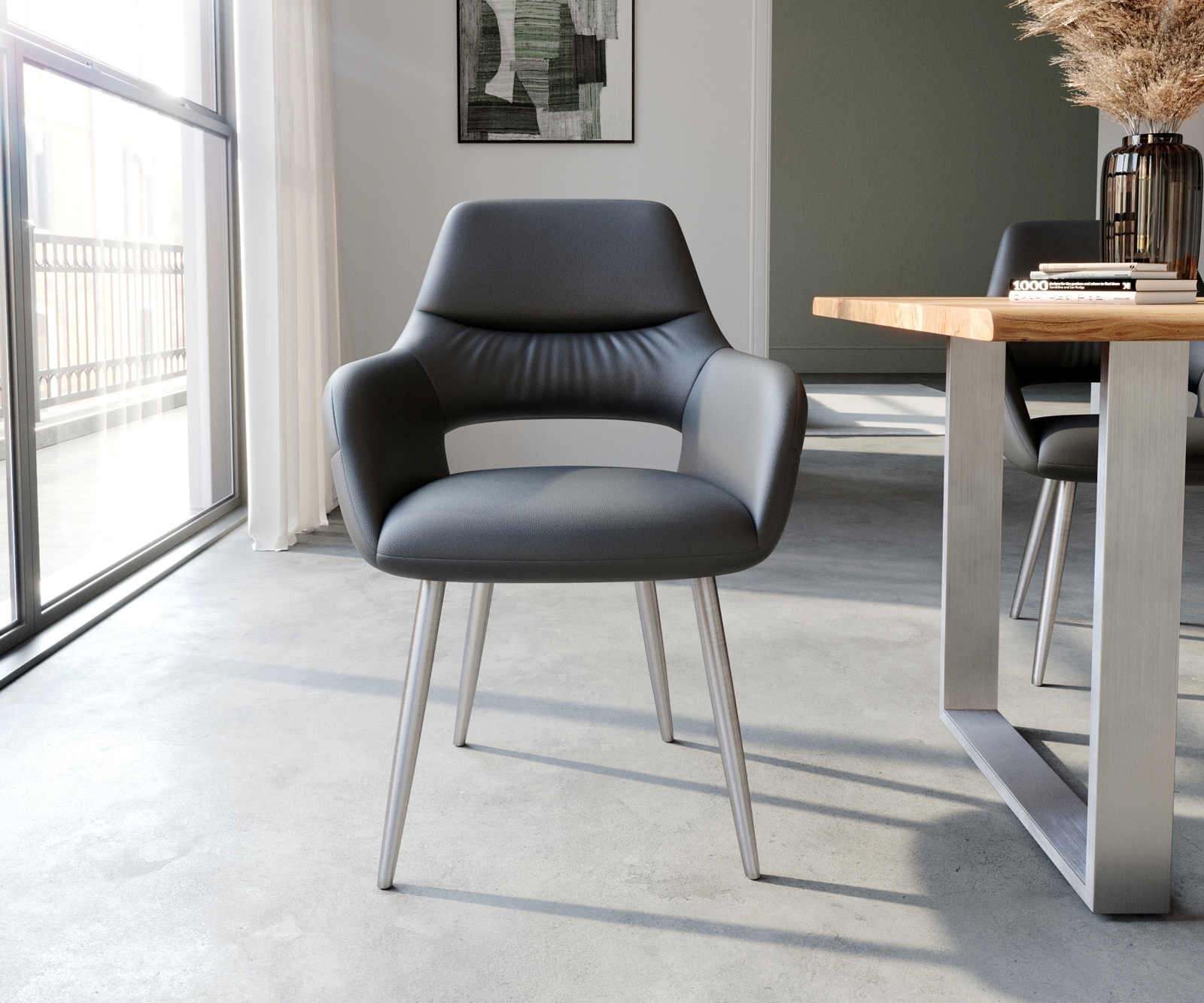 Esszimmerstuhl Yago-Flex mit Armlehnen Echt-Leder Schwarz 4-Fuß konisch Edelstahl Taschenfederkern 1 Esszimmerstuhl Yago-Flex mit Armlehnen Echt-Leder Schwarz 4-Fuß konisch Edelstahl Taschenfederkern 1