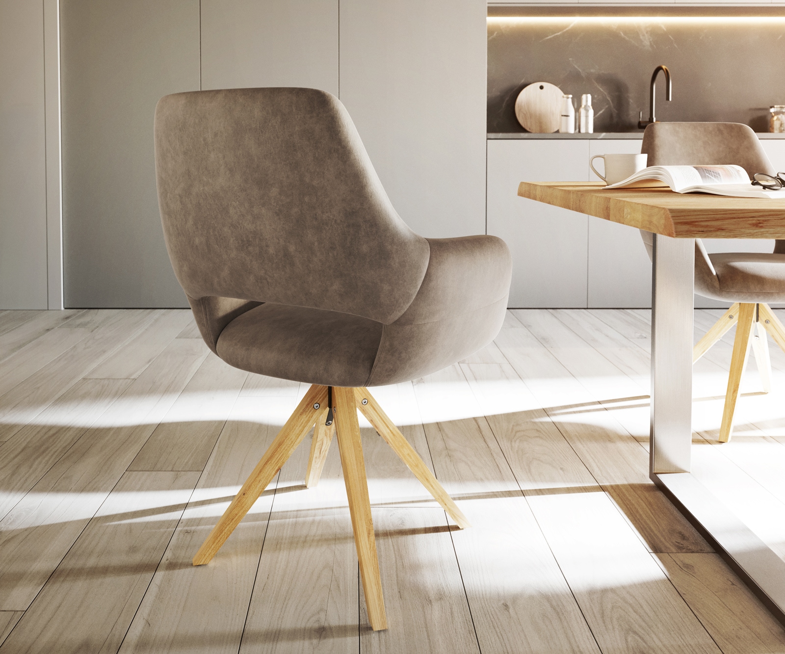Esszimmerstuhl Yago-Flex mit Armlehnen Mikrofaser Taupe Vintage Holzgestell kantig Natur Taschenfederkern 5 Esszimmerstuhl Yago-Flex mit Armlehnen Mikrofaser Taupe Vintage Holzgestell kantig Natur Taschenfederkern 5