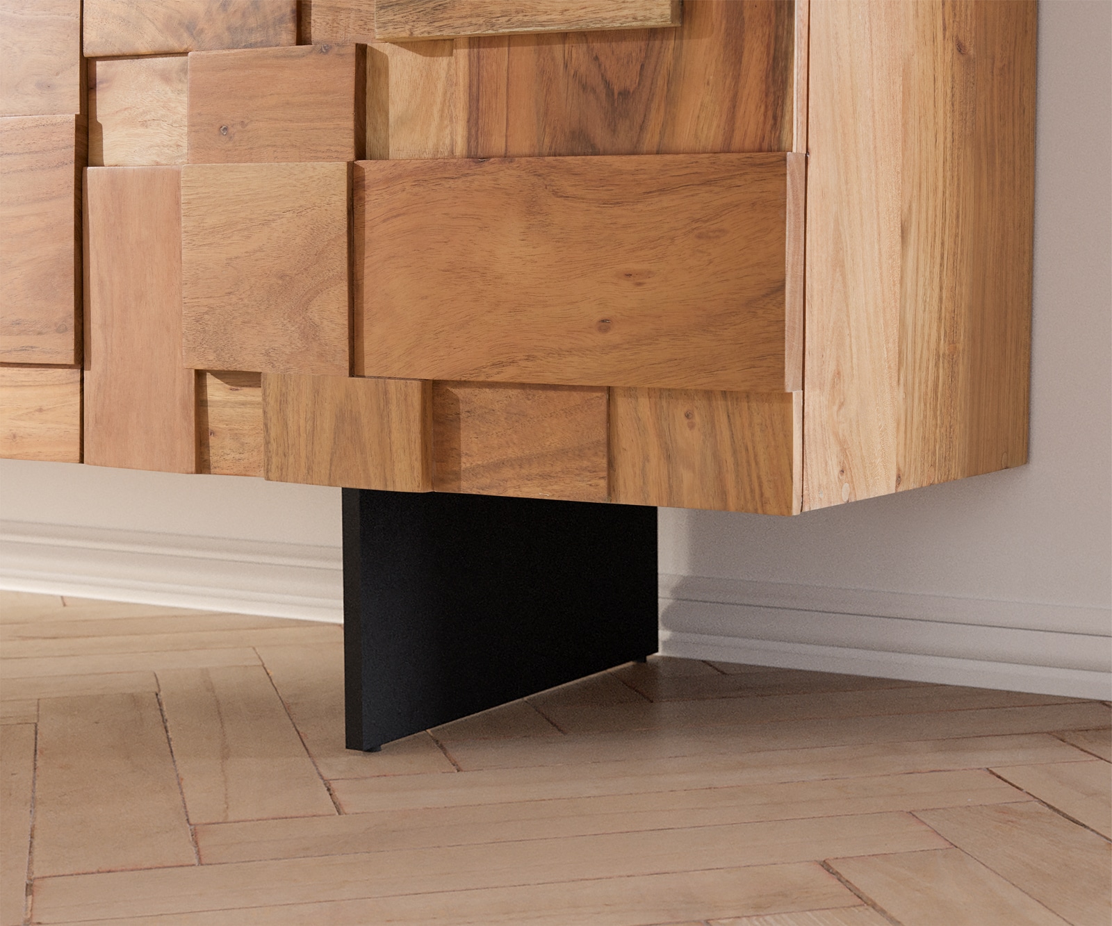 Lowboard Puzzle 175 cm 4 Türen Akazie Natur Fuß schwebend Metall schwarz 4 Lowboard Puzzle 175 cm 4 Türen Akazie Natur Fuß schwebend Metall schwarz 4