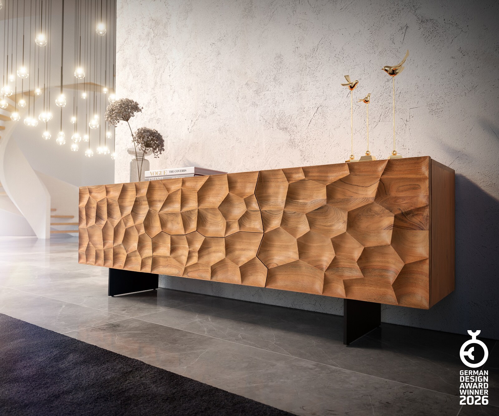 Meuble-TV Solu 175 cm acacia naturel 2 portes 2 tiroirs pied flottant métal noir façade 3D