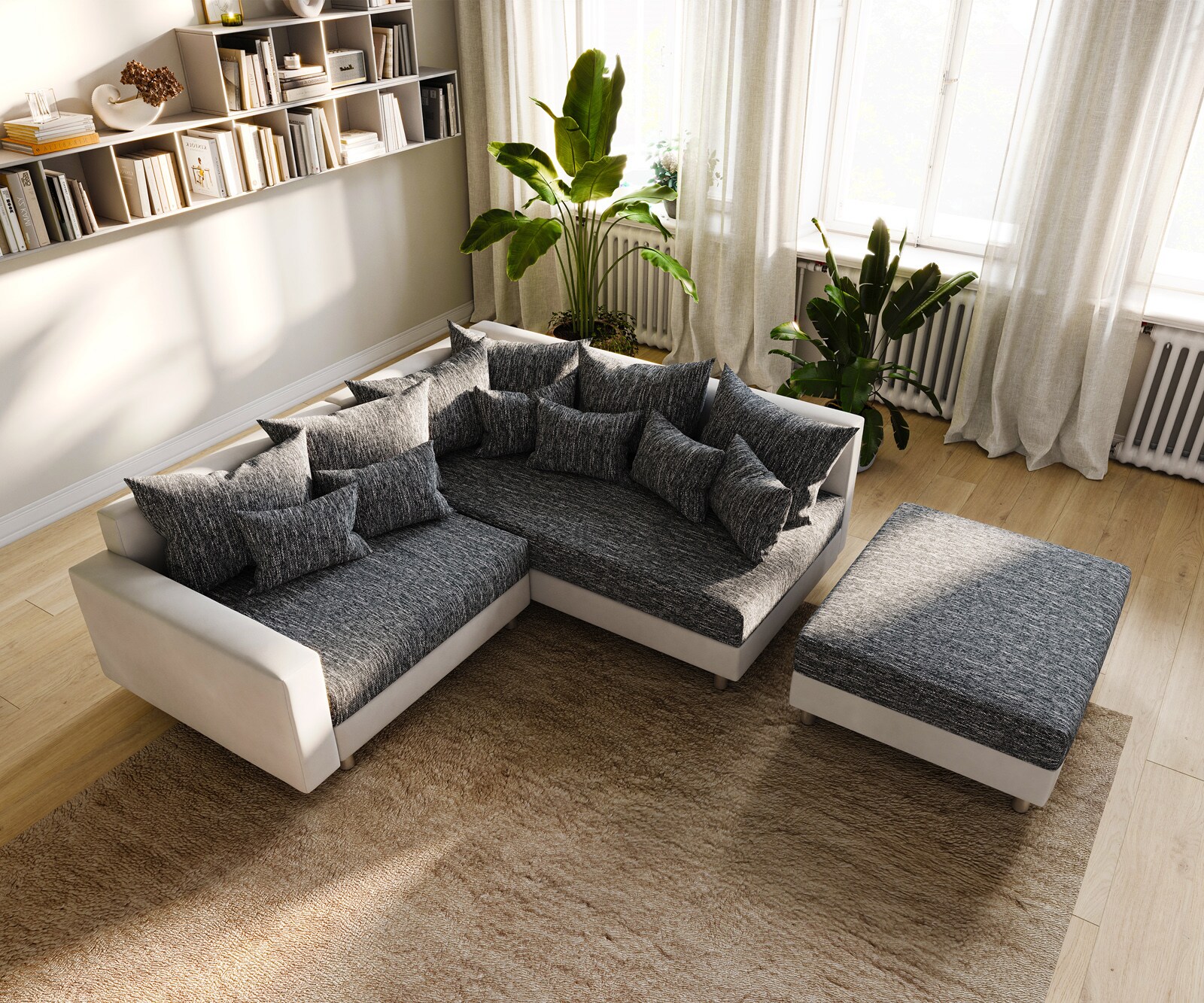 Canapé-d'angle Clovis Blanc Noir avec tabouret et accoudoirs poufs droite  4