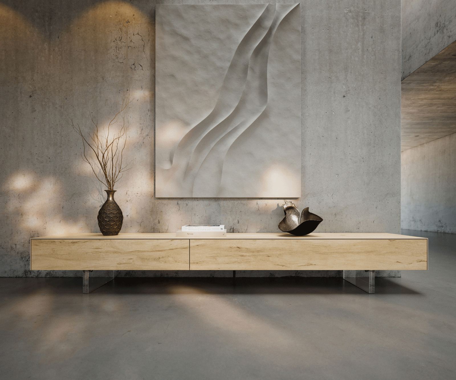 Lowboard Cuor 250 cm Keramik Laminam® Sabbia Eichefarbig 1 Klappe 1 Schubfach Fuß Schwebeoptik Acrylglas 2