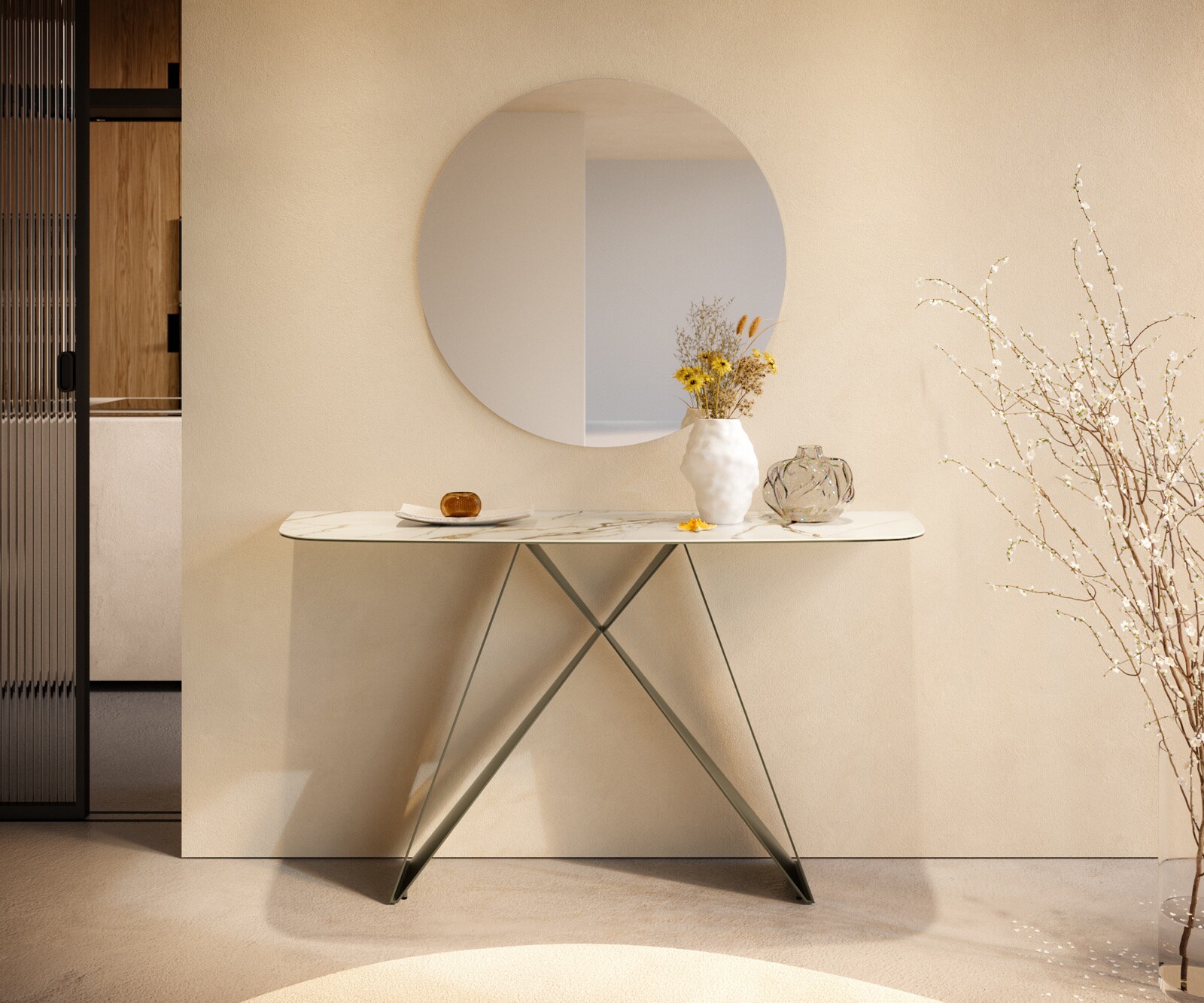 Console Edge forme bateau 140x40 cm Céramique Calacatta Luxe Weiß-Gold-Gris Velio Métal Effektfinish Titan 4
