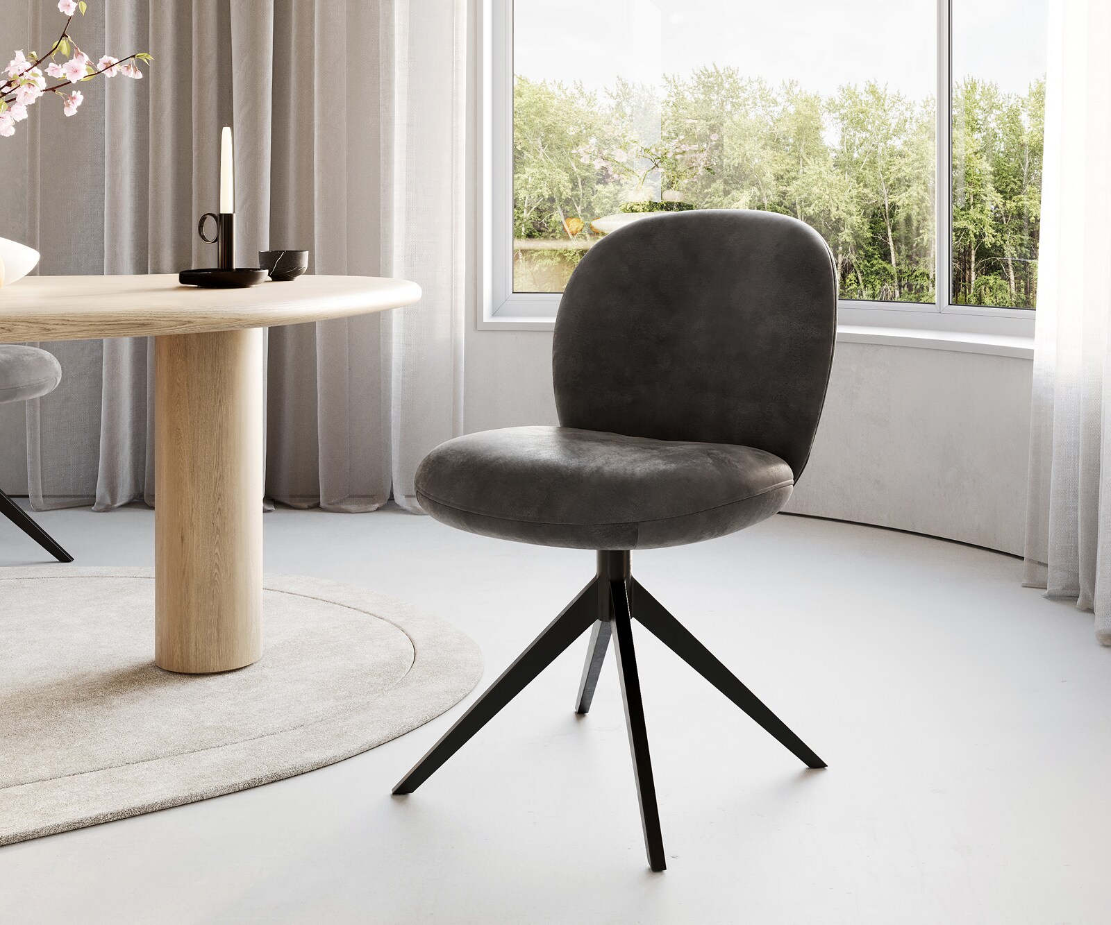Chaise-pivotante Nube-Flex microvelours anthracite vintage pied croisé large noir pivotement sur 360° ressorts ensachés