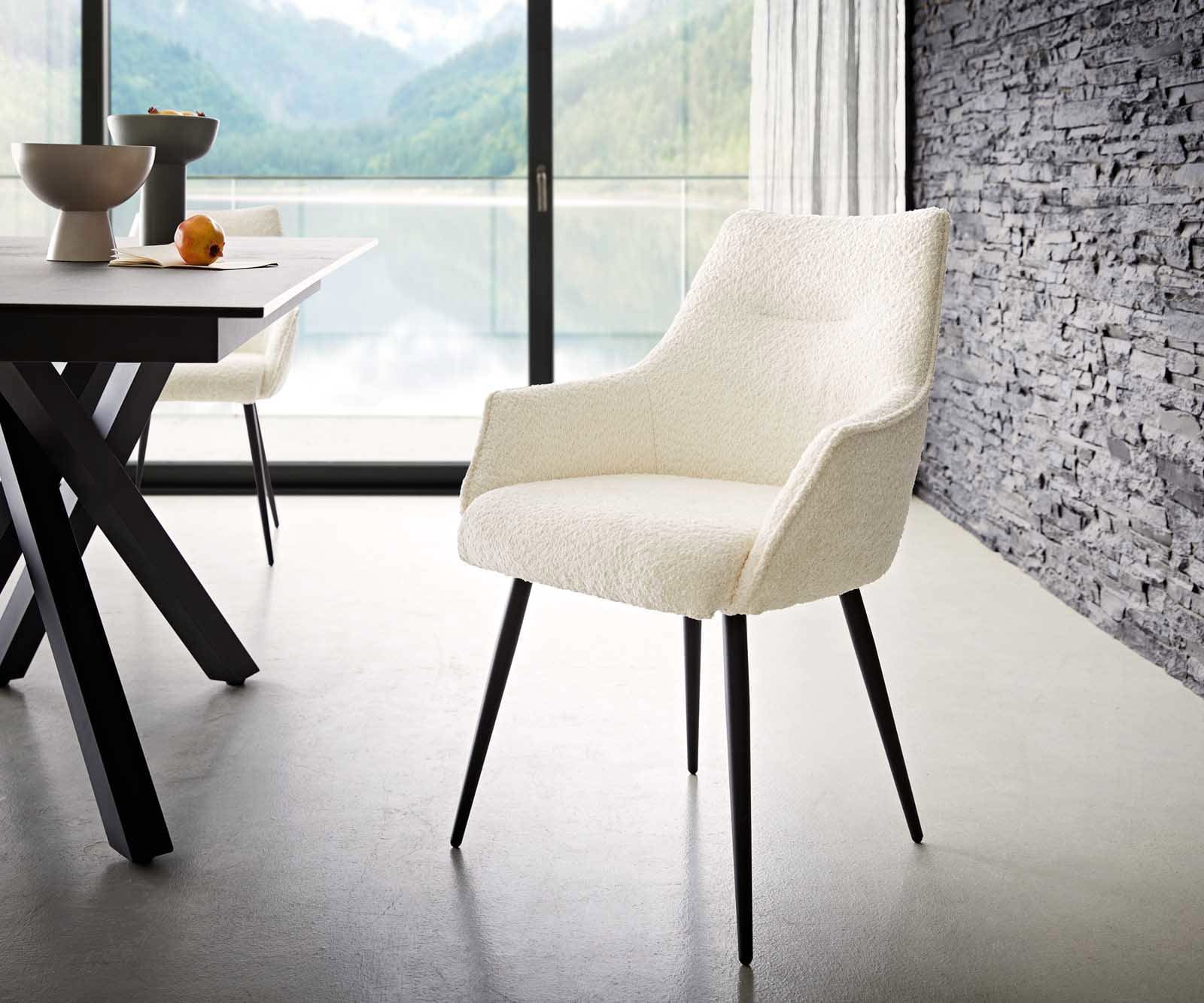 Esszimmerstuhl Alja-Flex mit Armlehnen Bouclé Weiß 4-Fuß konisch Schwarz Taschenfederkern Esszimmerstuhl Alja-Flex mit Armlehnen Bouclé Weiß 4-Fuß konisch Schwarz Taschenfederkern