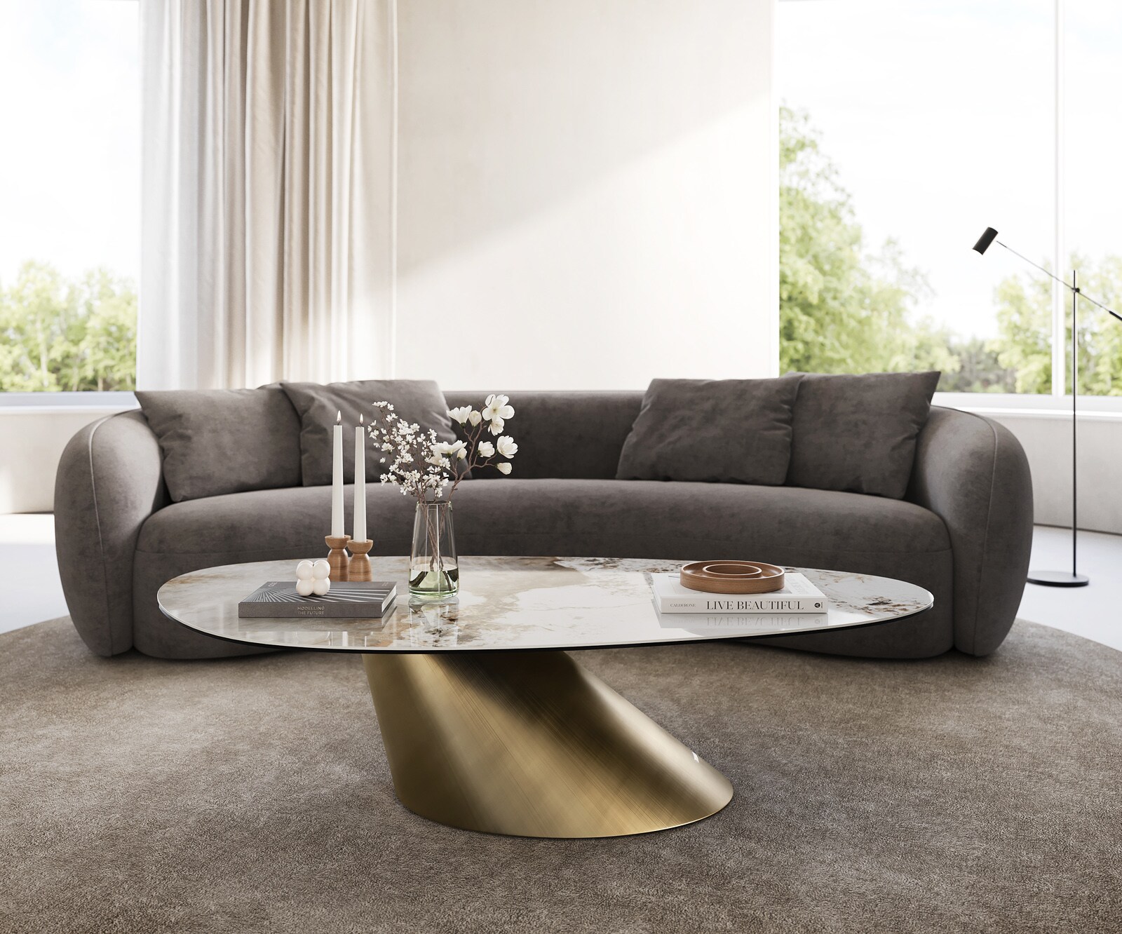Table basse Edge Oval 140x75 cm céramique Minas Melange Conis doré métallique 2