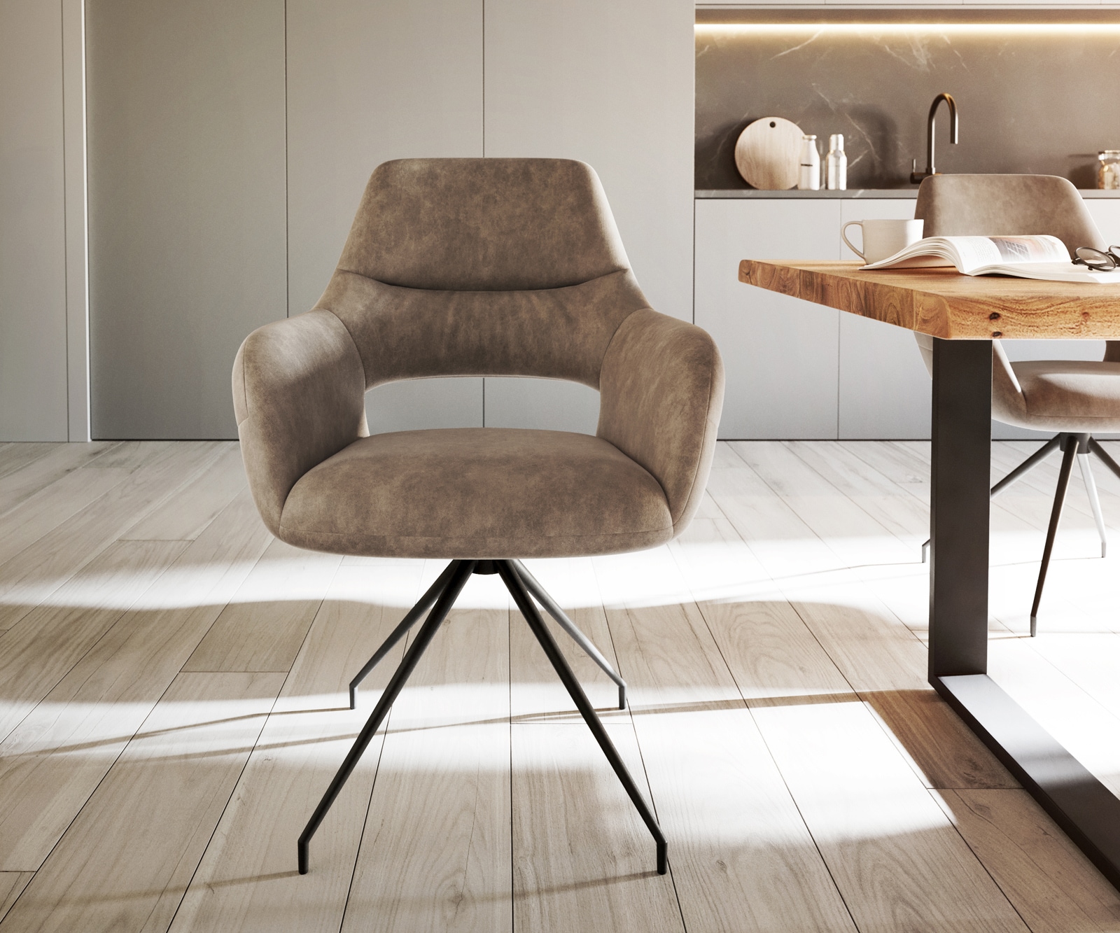 Esszimmerstuhl Yago-Flex mit Armlehnen Mikrofaser Taupe Vintage Kreuzgestell konisch Schwarz Taschenfederkern 1 Esszimmerstuhl Yago-Flex mit Armlehnen Mikrofaser Taupe Vintage Kreuzgestell konisch Schwarz Taschenfederkern 1