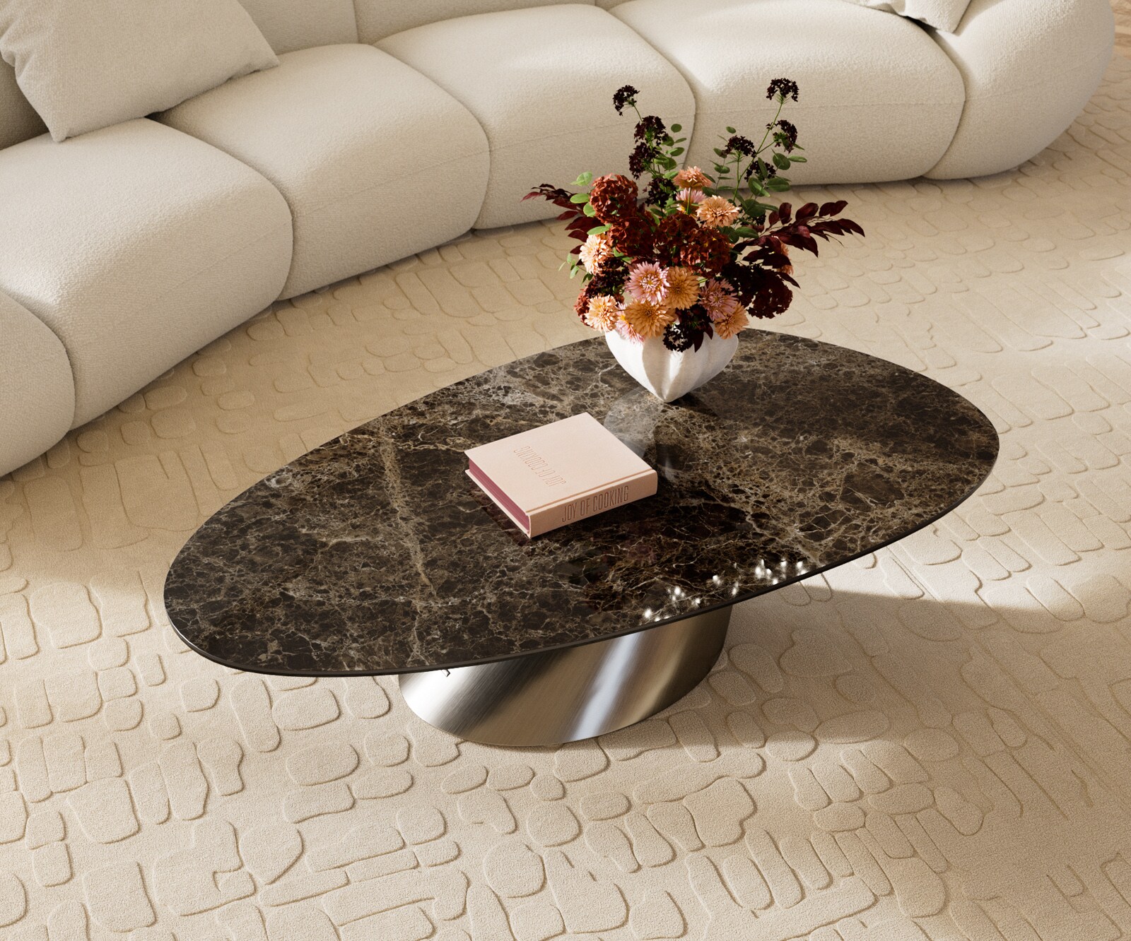 Table basse Edge Oval 140x75 cm céramique Laminam® Emperador Extra Lucidato brun foncé Conis acier inoxydable brossé 4