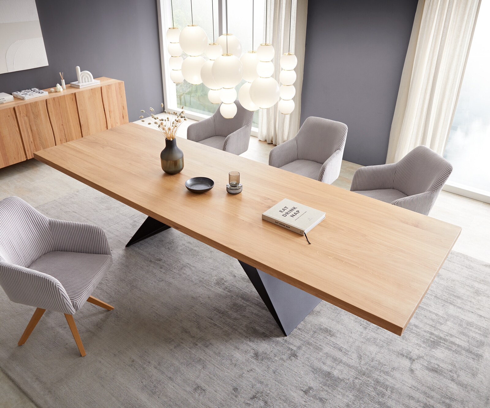 Table à manger Edge 300x100 chêne nature cadre en V acier plat noir 4