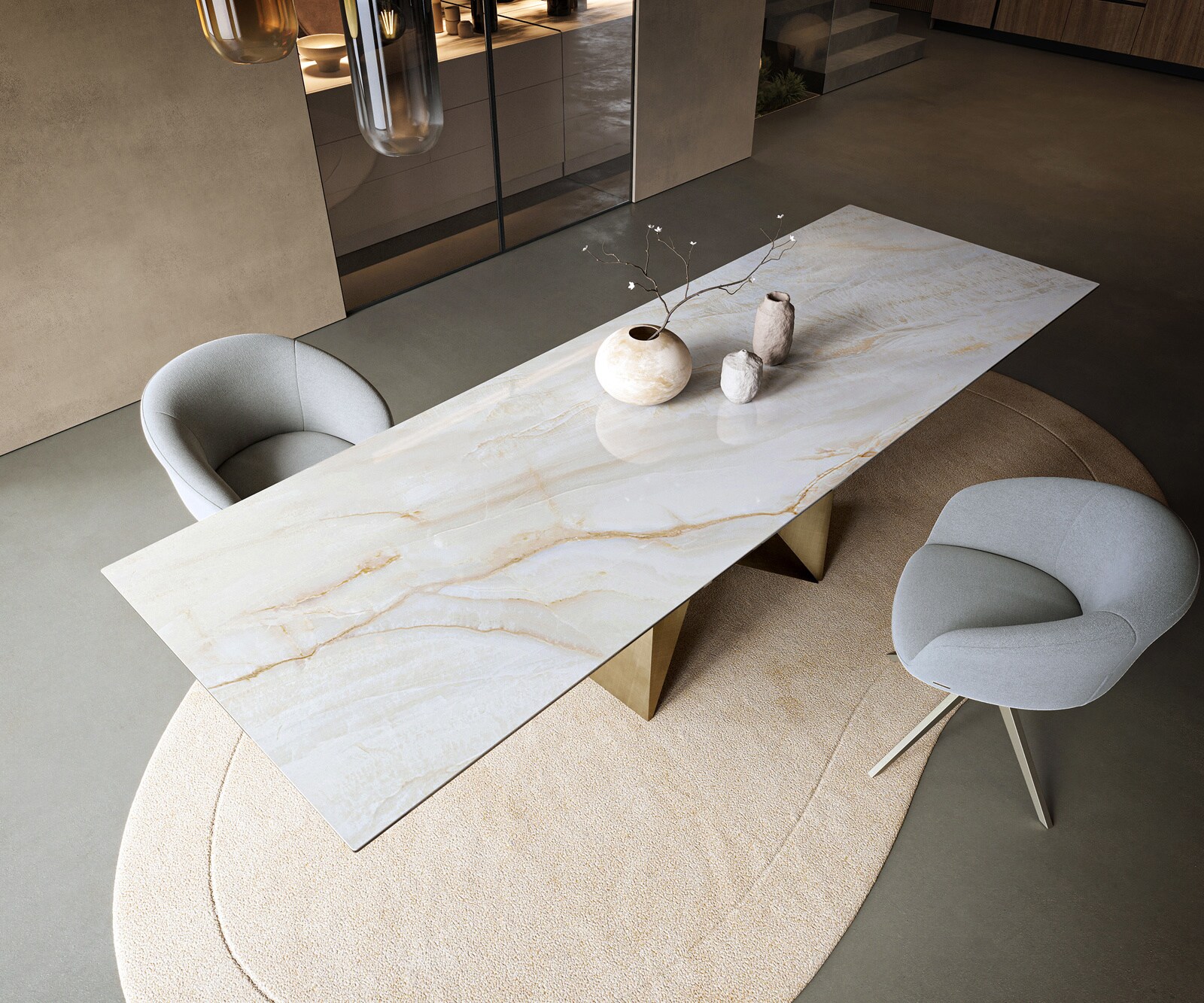 Esstisch Edge 300x100 cm Keramik Onyx Pearl Origami Metallic Gold 3