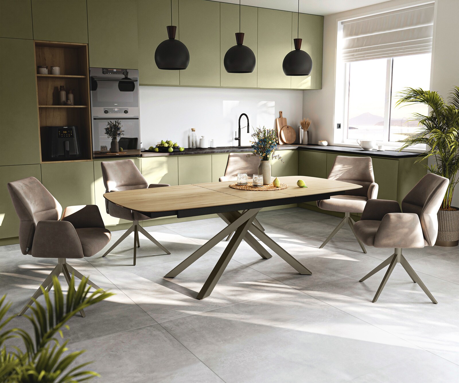Esstisch Edge Boot 180-220x100 cm Keramik Laminam® Sabbia Eichefarbig Kreuzgestell Rechteck Effektfinish Titan ausziehbar 5