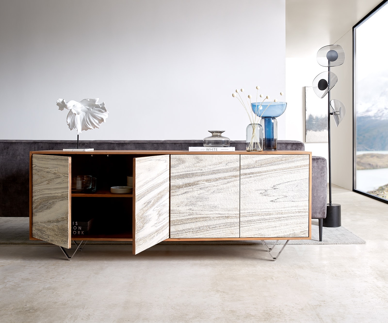 Sideboard Kleo 175 cm Akazie Natur 4 Türen V-Fuß Edelstahl 3 Sideboard Kleo 175 cm Akazie Natur 4 Türen V-Fuß Edelstahl 3