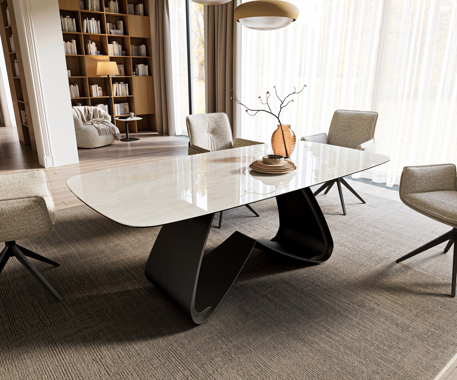 Esstisch Edge Boot 200x100 cm Keramik Onyx Champagne W-Gestell Metall Schwarz