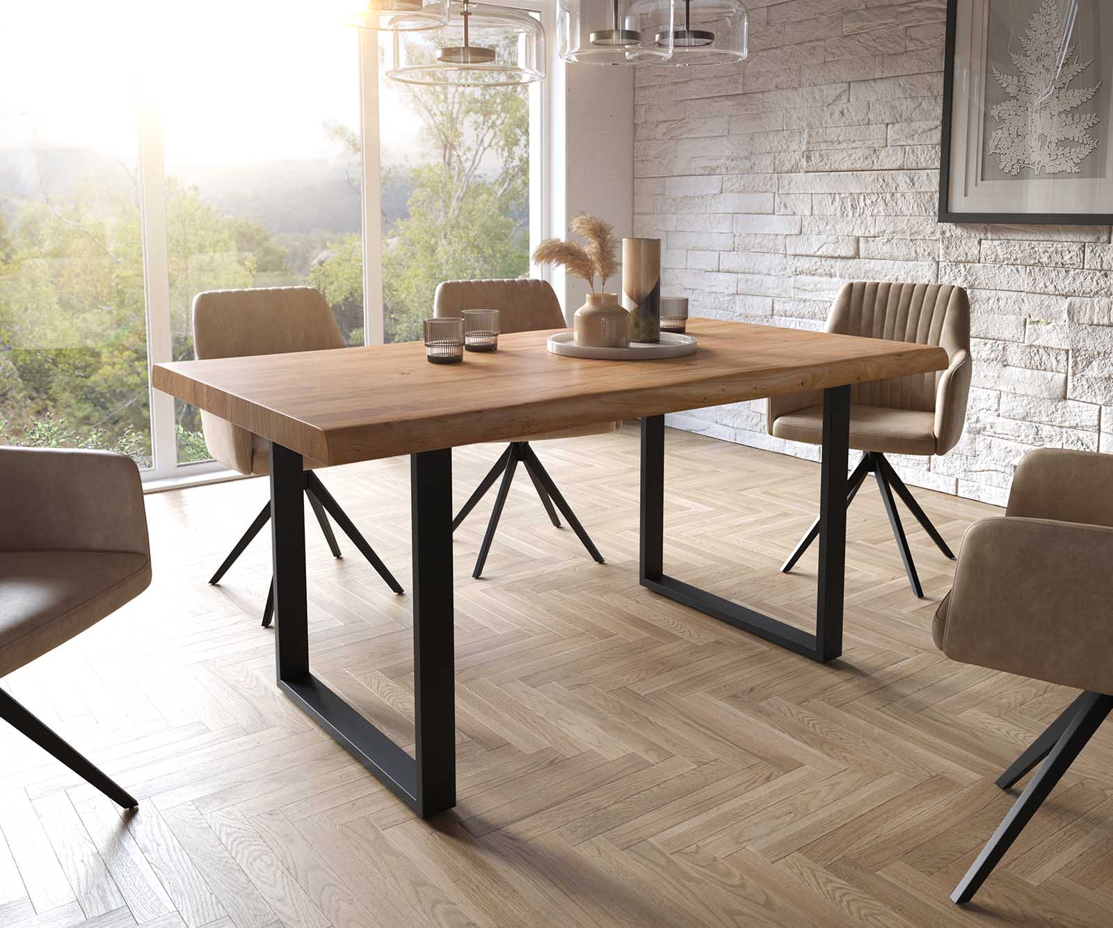 Esszimmertisch Edge Akazie Natur 160x90 XL Metall Schmal schwarz Live-Edge Esstisch