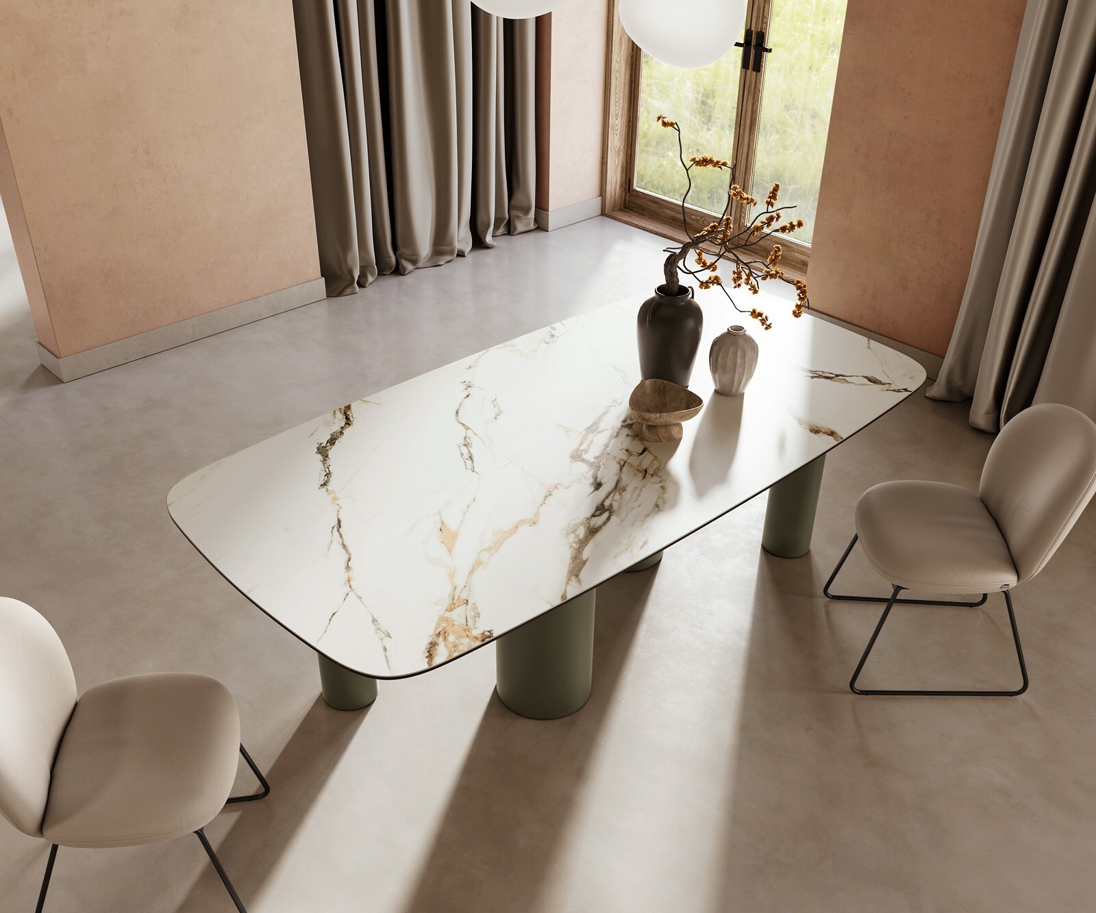 Esstisch Edge Boot 240x120cm Keramik Calacatta Luxe Weiß-Gold-Grau Pilier Metall Effektfinish Titan 4