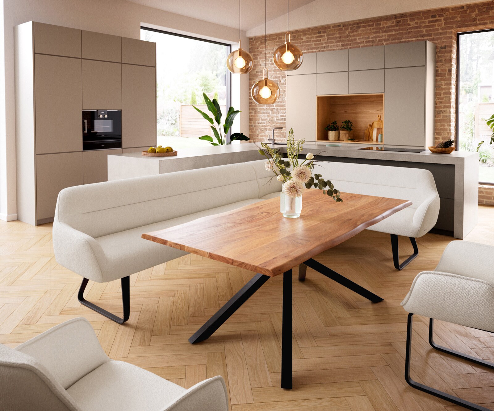 Esszimmerbank Taya-Flex 285x190 cm Bouclé Creme-Weiß Kufengestell flach Schwarz Taschenfederkern Links