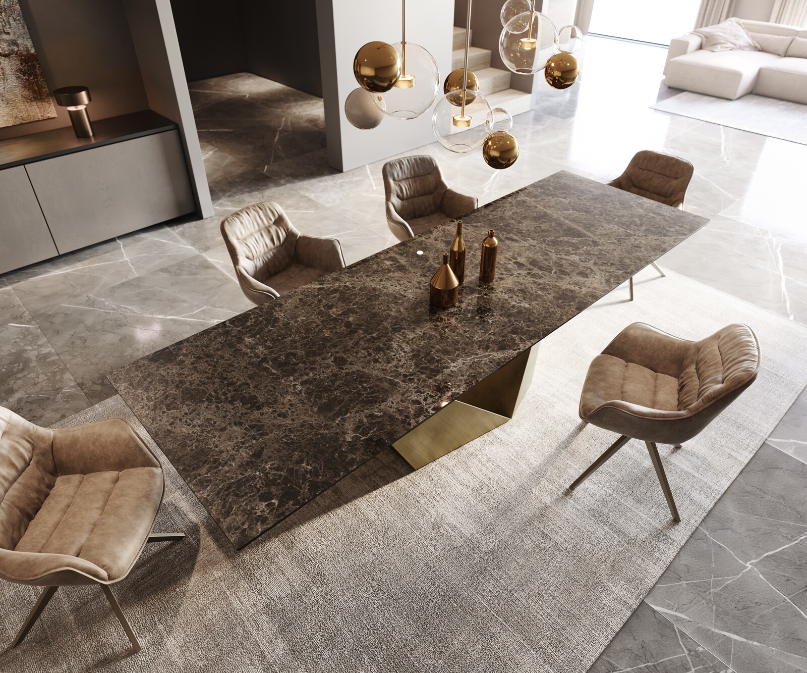 Table à manger Edge 300x100 céramique Laminam® Emperador Extra Lucidato marron foncé Prisma métallique doré 2