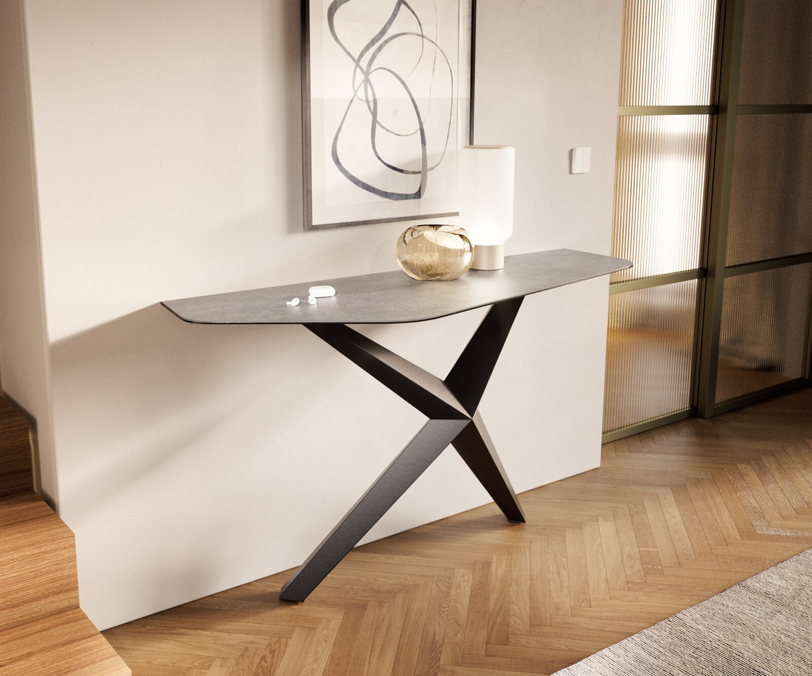 Konsolentisch Edge Polygonal 140x50 cm Keramik Beton Grau Zentharo Metall Schwarz 3