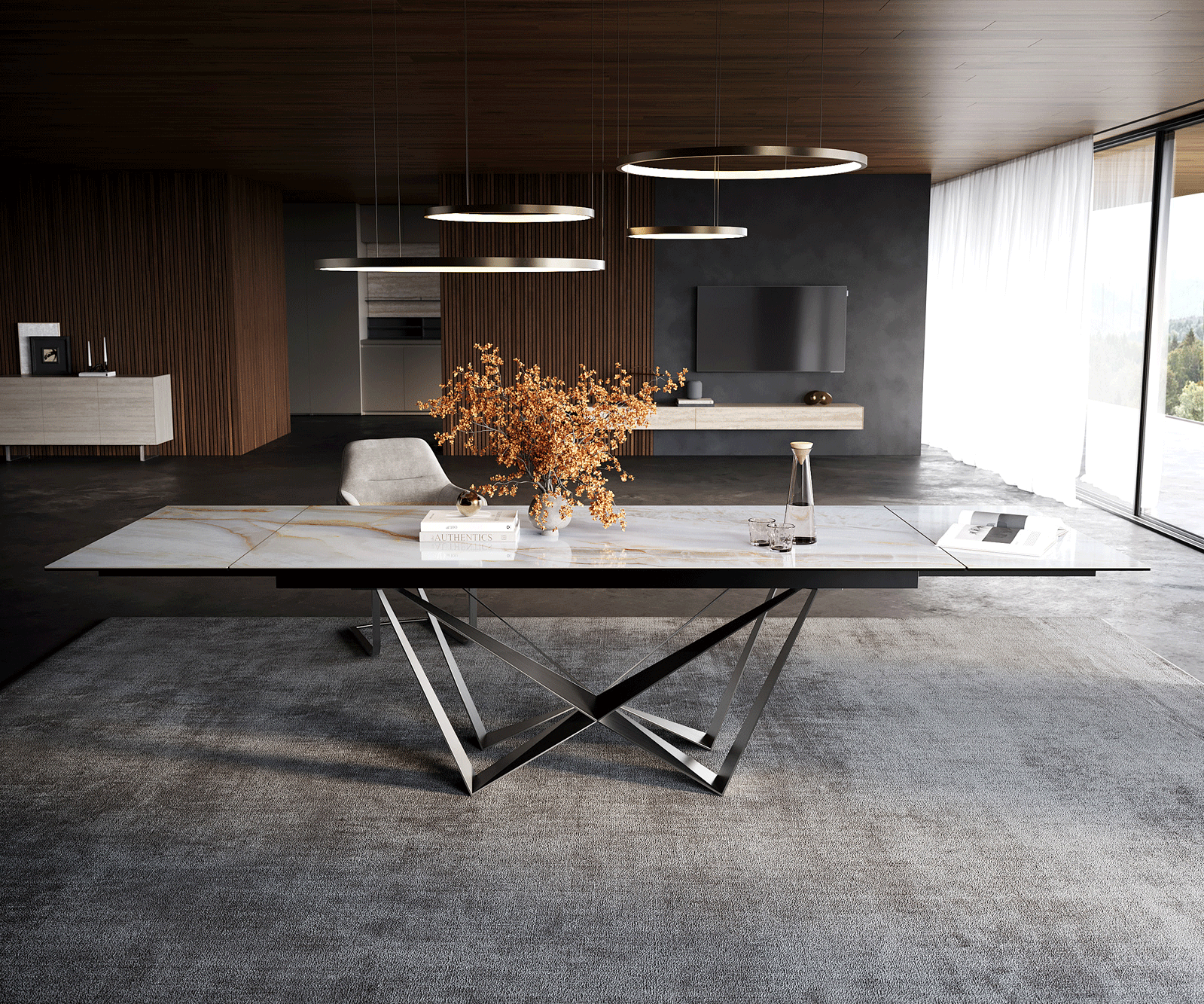 Esstisch Edge 200-300x100 cm Keramik Onyx Pearl Spider Flachstahl Edelstahl Graphit ausziehbar 1