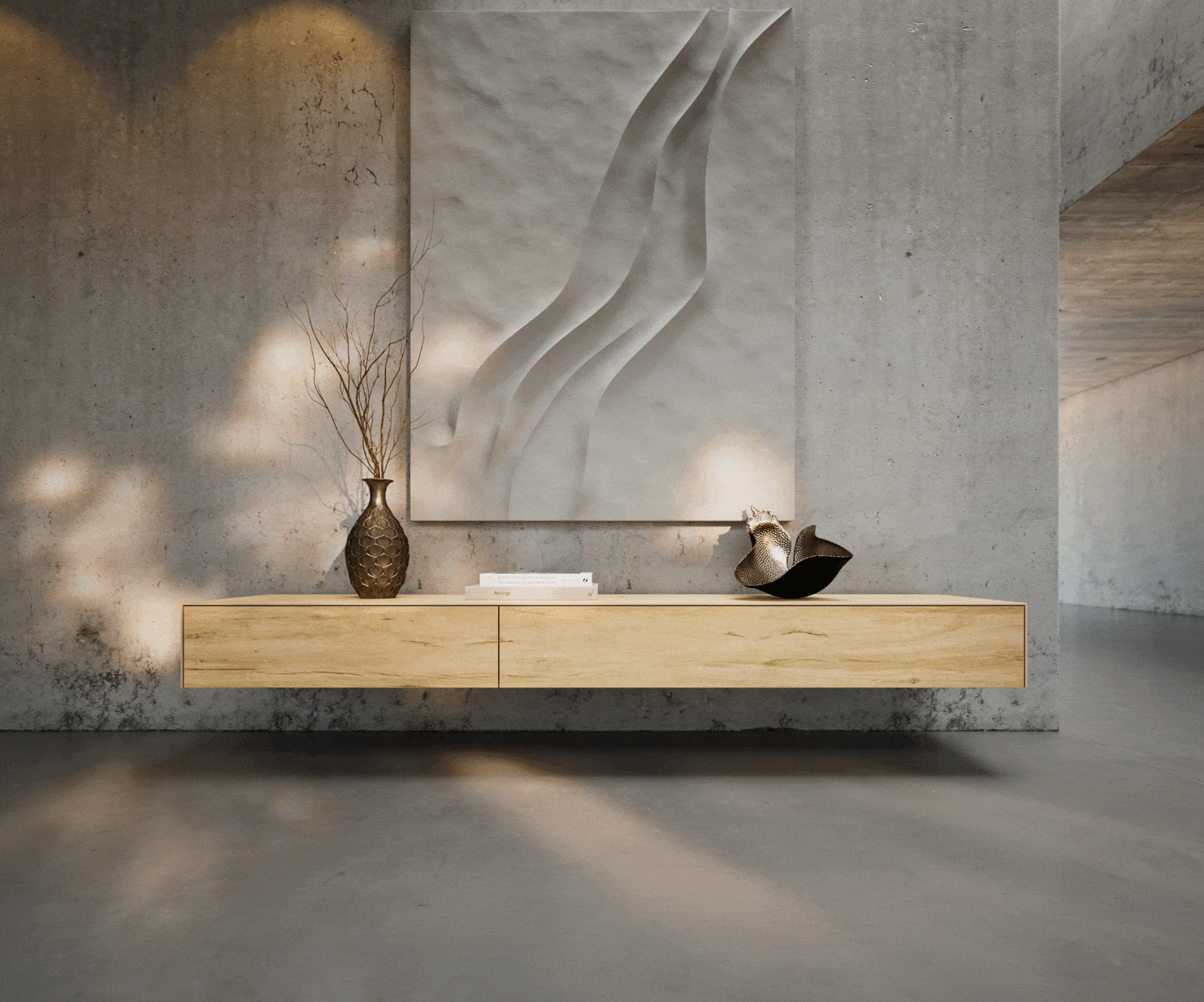 Lowboard Cuor 200 cm Keramik Laminam® Sabbia Eichefarbig 1 Klappe 1 Schubfach Schwebend 1