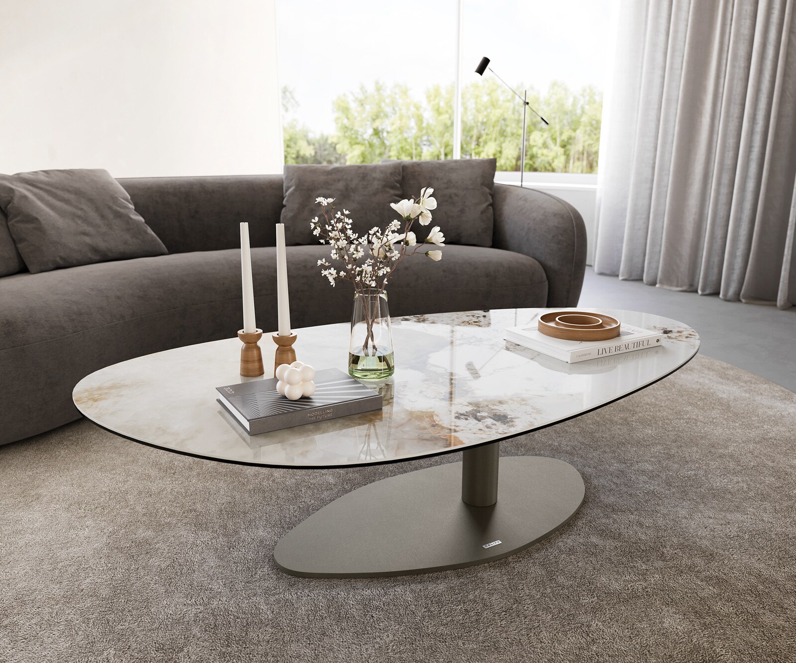Table basse Edge Oval 140x75 cm céramique Minas Melange Vibany Metall finition effet titane