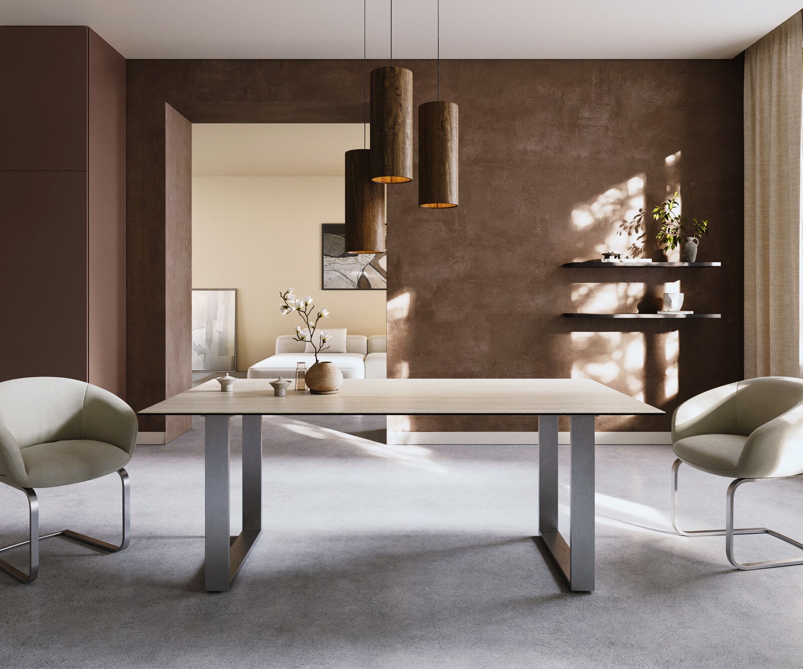 Esstisch Edge 200x100 Keramik Laminam® Travertino Bianco Creme-Weiß Edelstahl Schmal 1