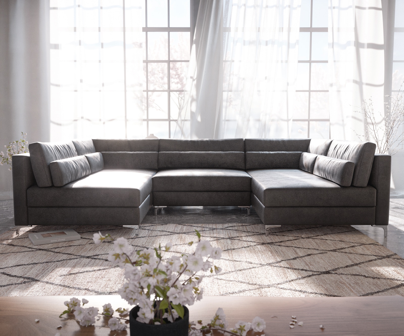 Wohnlandschaft Elio 300x185 cm Lederimitat Vintage Anthrazit mit Hocker 1 Wohnlandschaft Elio 300x185 cm Lederimitat Vintage Anthrazit mit Hocker 1