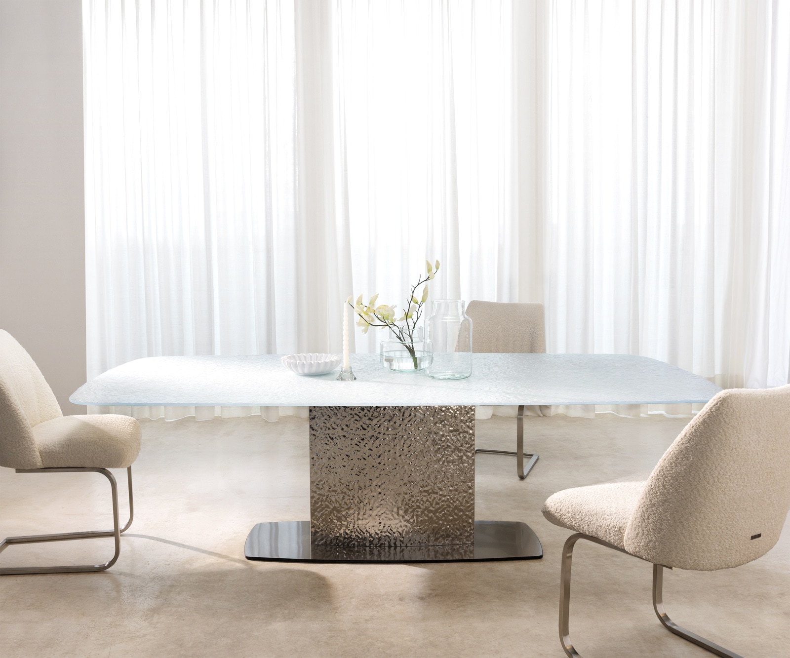 Esstisch Edge Boot 240x120 Reliefglas Perlmutt 3D-Design Wave Edelstahl 2