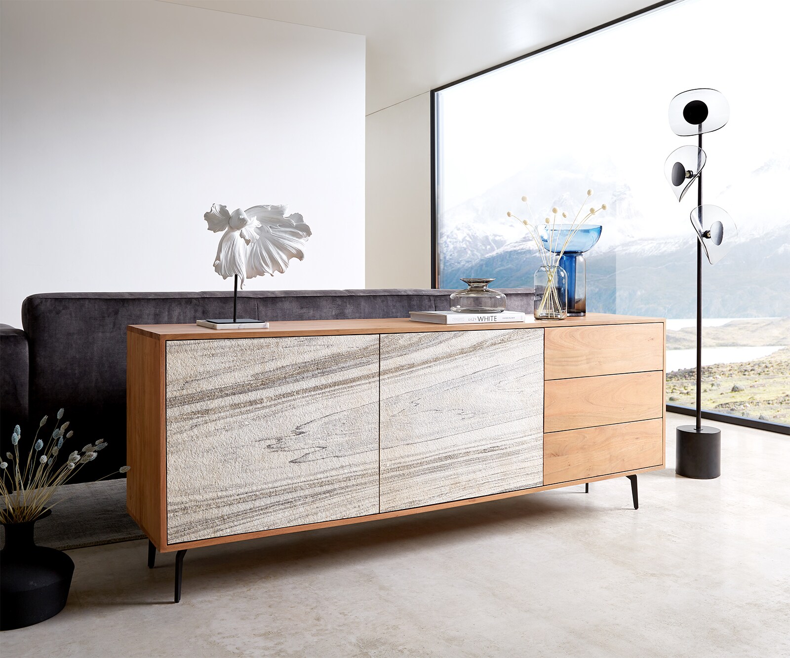 Commode Kleo 175 cm acacia naturel 4 portes pieds en V inox 3