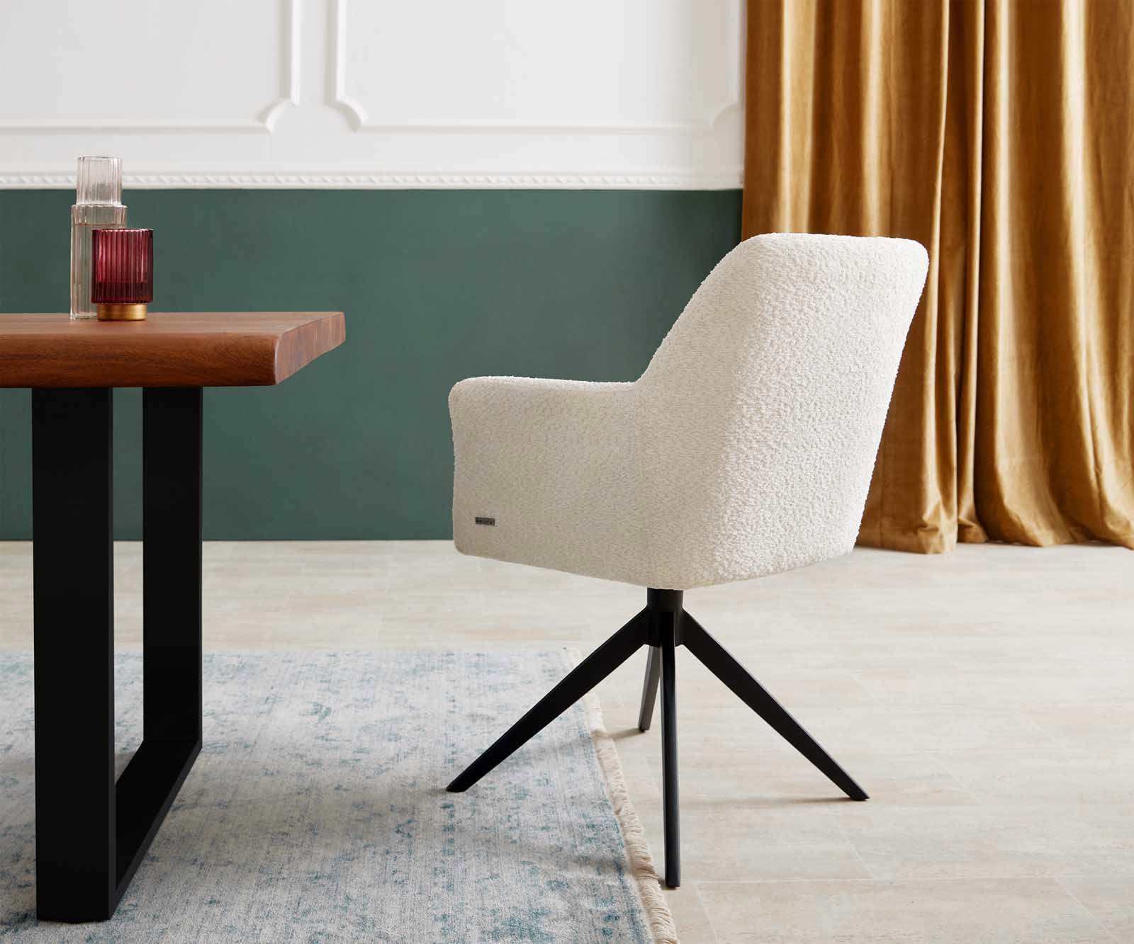 Drehstuhl Xana-Flex mit Armlehnen Bouclé Weiß Kreuzgestell breit Schwarz 360° drehbar Taschenfederkern 4 Drehstuhl Xana-Flex mit Armlehnen Bouclé Weiß Kreuzgestell breit Schwarz 360° drehbar Taschenfederkern 4