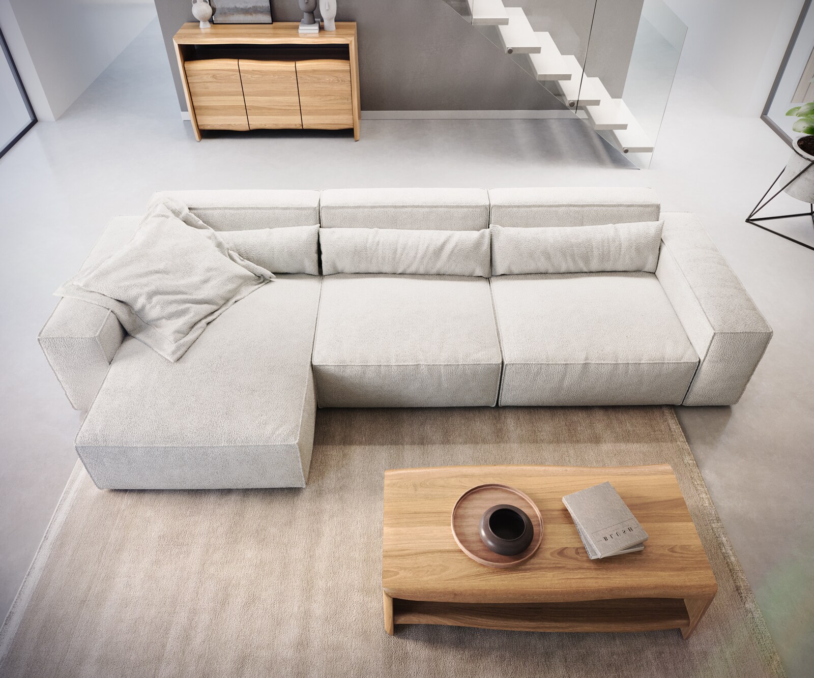 Canapé d'angle Sirpio L 350x160 cm Bouclee Crème-blanc Recamiere variable 5