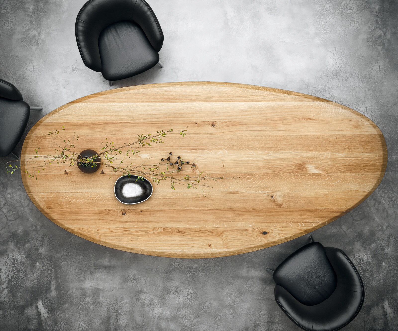 Esstisch Edge Oval 280x130x2,5 Eiche Natur Pilier Edelstahl gebürstet Flow-Edge 5