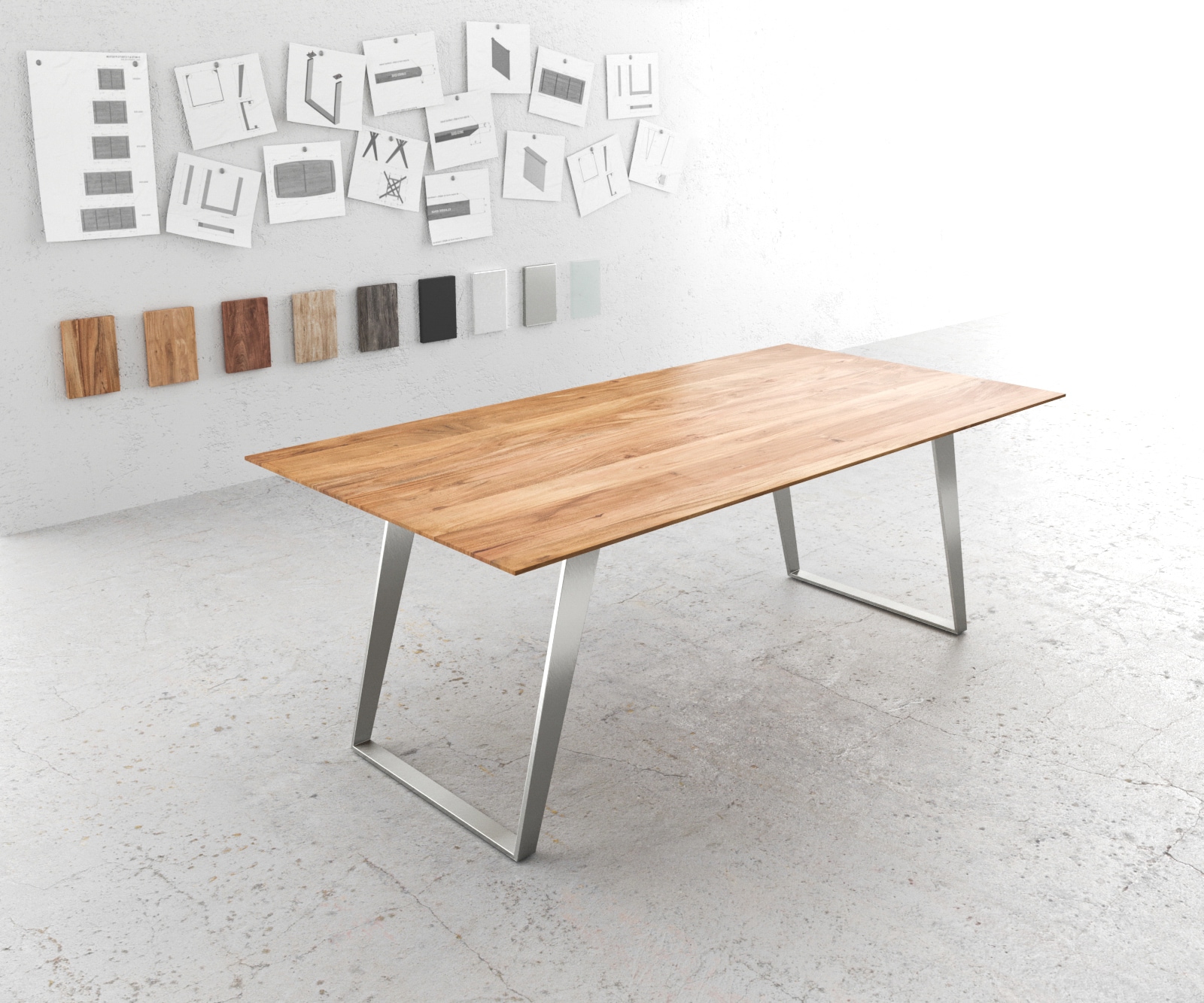 Table-à-manger Edge 200x100 acacia nature acier inoxydable incliné bord suisse Table-à-manger Edge 200x100 acacia nature acier inoxydable incliné bord suisse