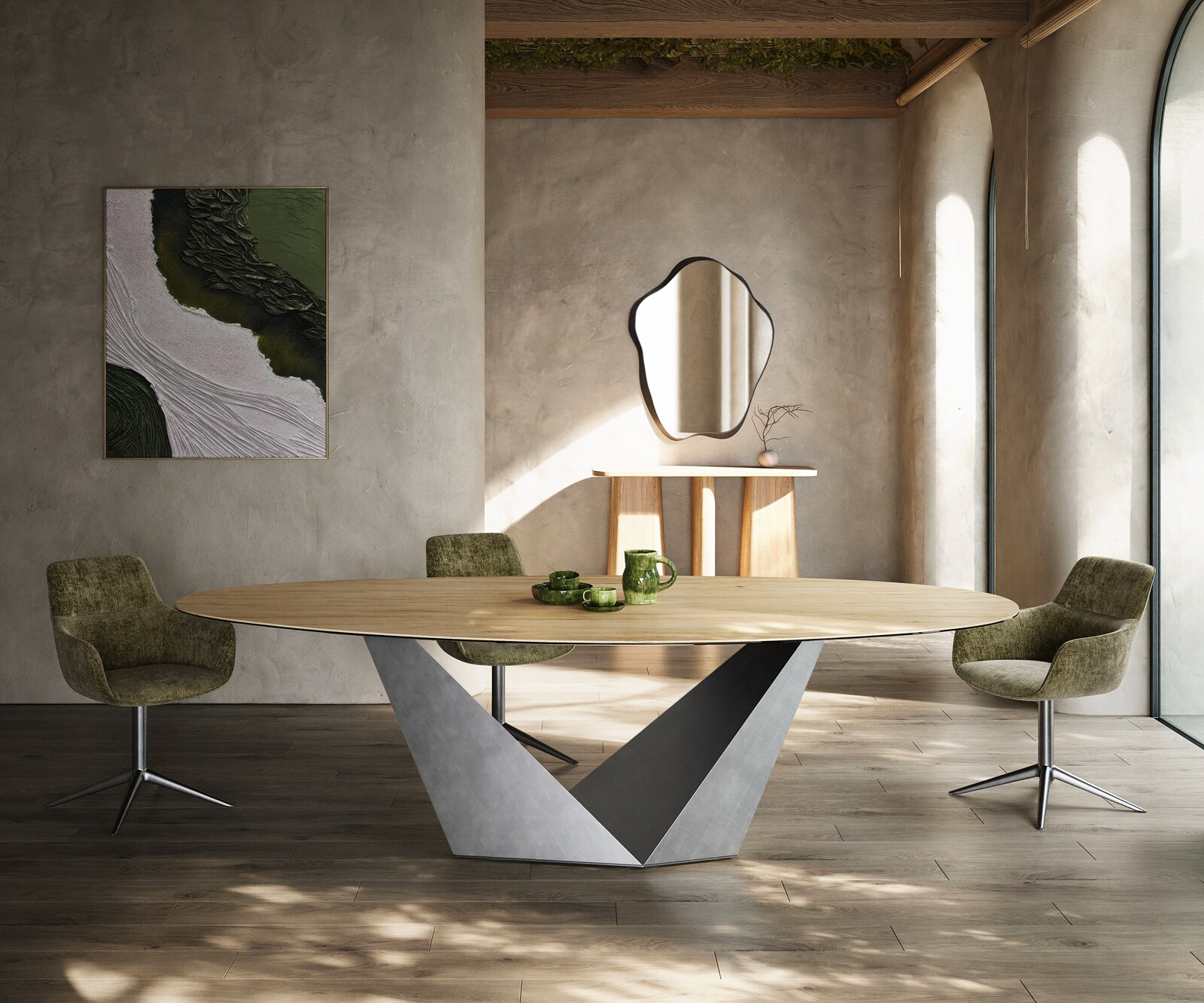 Esstisch Edge Oval 280x130 Keramik Laminam® Sabbia Eichefarbig Prisma Metallic Silber