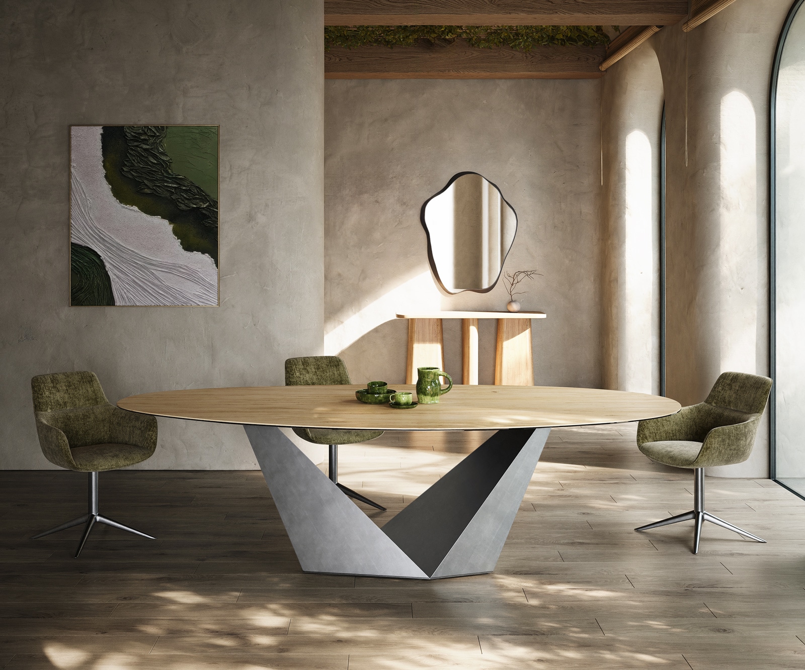 Esstisch Edge Oval 280x130 Keramik Laminam® Sabbia Eichefarbig Prisma Metallic Silber Esstisch Edge Oval 280x130 Keramik Laminam® Sabbia Eichefarbig Prisma Metallic Silber