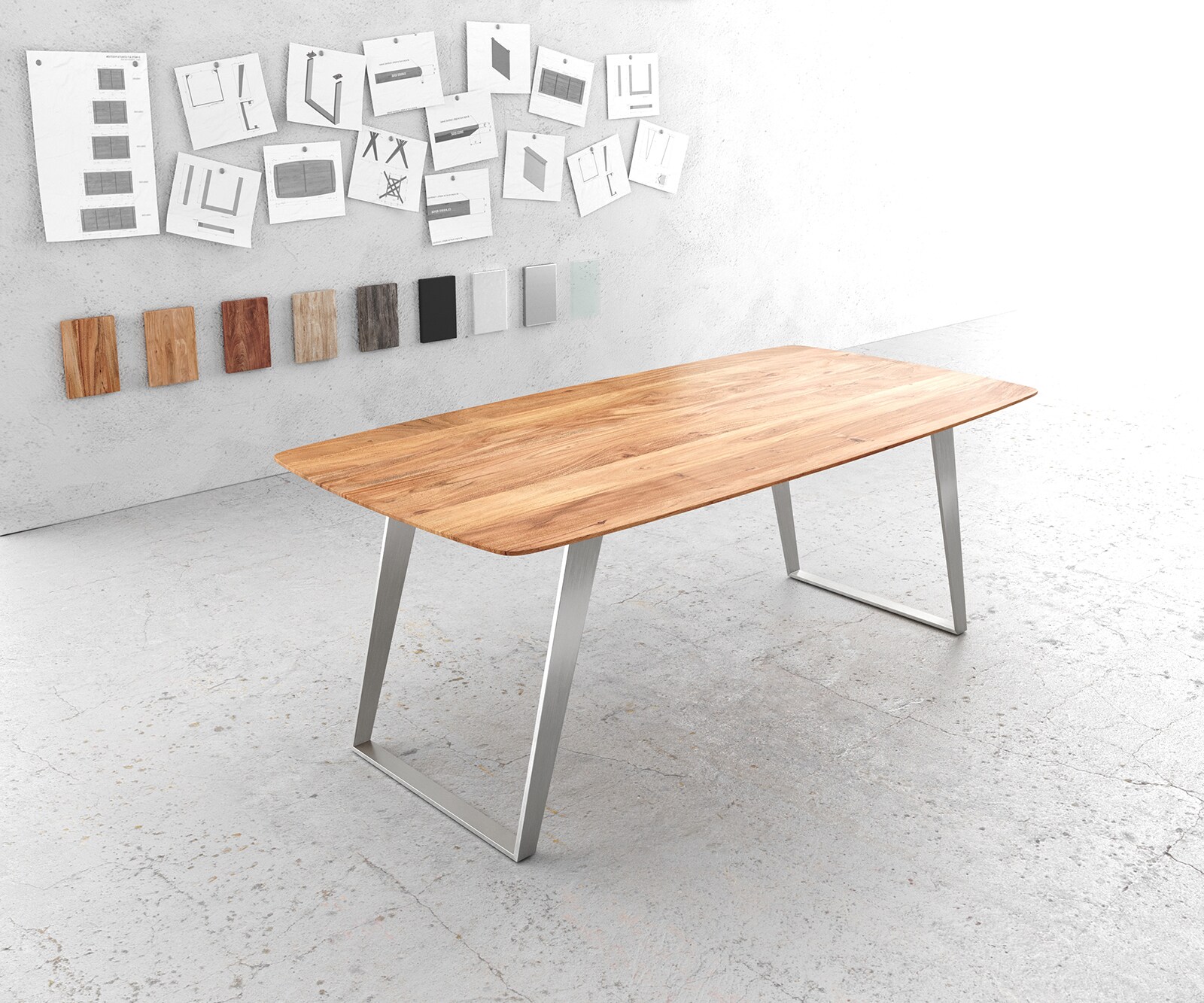 Table à manger Edge Boot 200x100 Acacia Naturel Inox inclinéee Bord Suisse