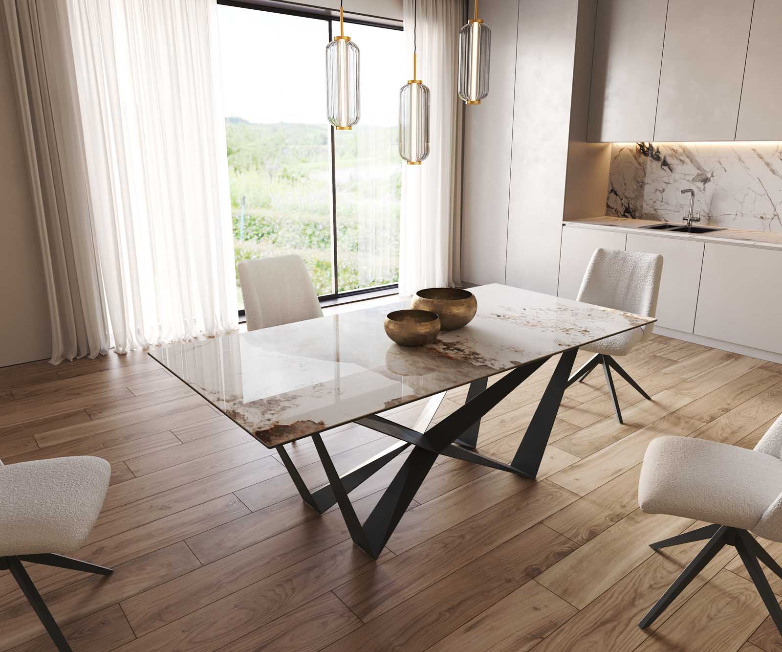 Esstisch Edge 200x100 Keramik Minas Melange Weiß-Beige Spider Flachstahl Schwarz