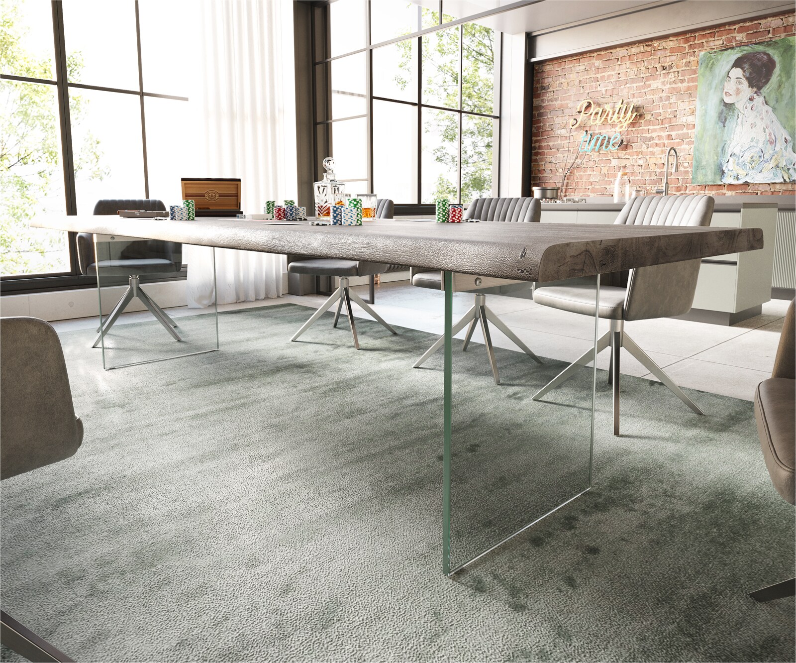 Esstisch Edge 300x100 XL Akazie Platin Glas Live-Edge 4