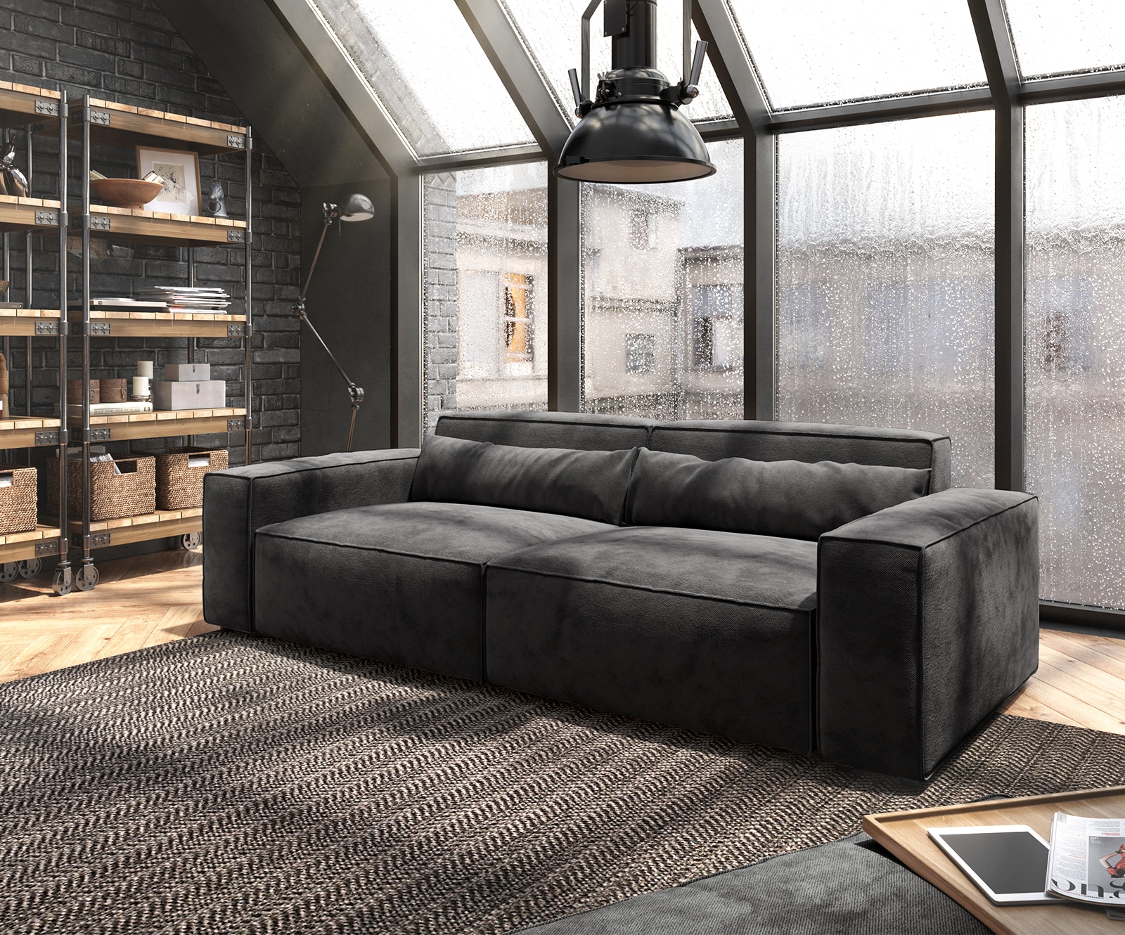 Big-Sofa Sirpio 230x90 cm Mikrofaser Schwarz mit Hocker Big-Sofa Sirpio 230x90 cm Mikrofaser Schwarz mit Hocker