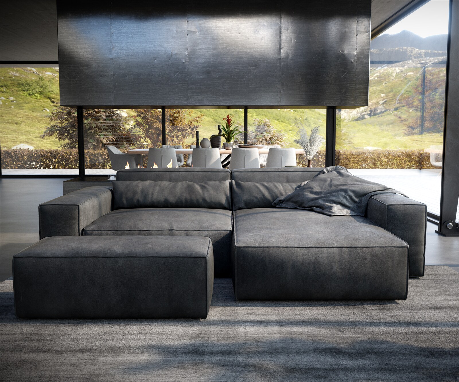 Ecksofa Sirpio XL 270x170 cm Lederimitat Vintage Anthrazit Recamiere variabel mit Hocker 1