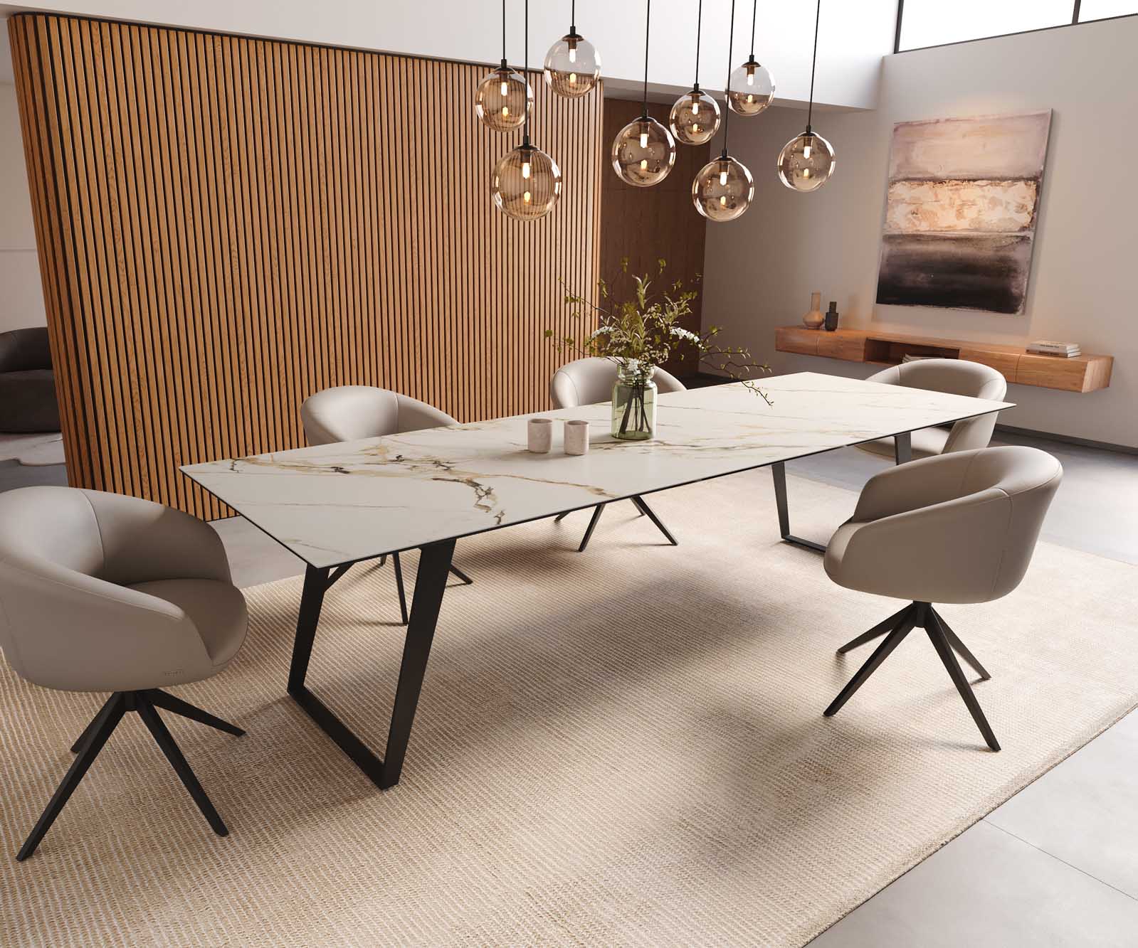 Esstisch Edge 300x100 Keramik Calacatta Luxe Weiß-Gold-Grau Metall Schräg Schwarz 8