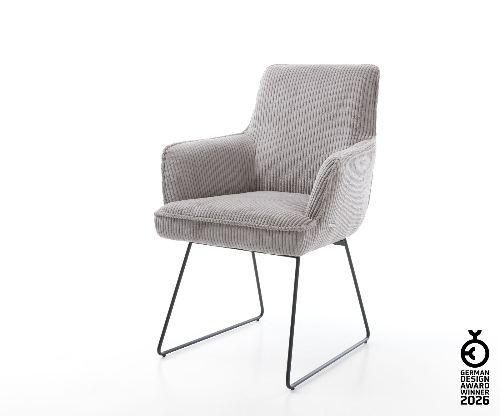 Chaise-de-salle-à-manger Heira-Flex avec accoudoirs côtelé gris argenté pied trapèze noir ressorts ensachés 1