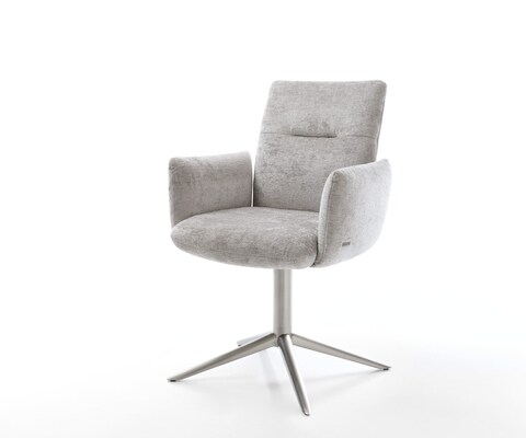 Chaise-pivotante Jova-Flex avec accoudoirs chenille gris argenté pied de chaise 4 branches acier inoxydable brossé pivotement sur 360° fonction bascule ressorts ensachés